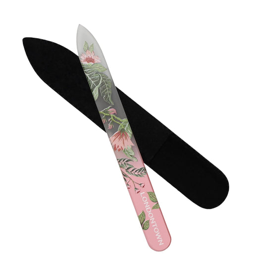 LONDONTOWN Safara Double-Sided Glass Nail File & Care Tool, Professional Grit Etched Crystal Manicure Accessory with Case Pouch