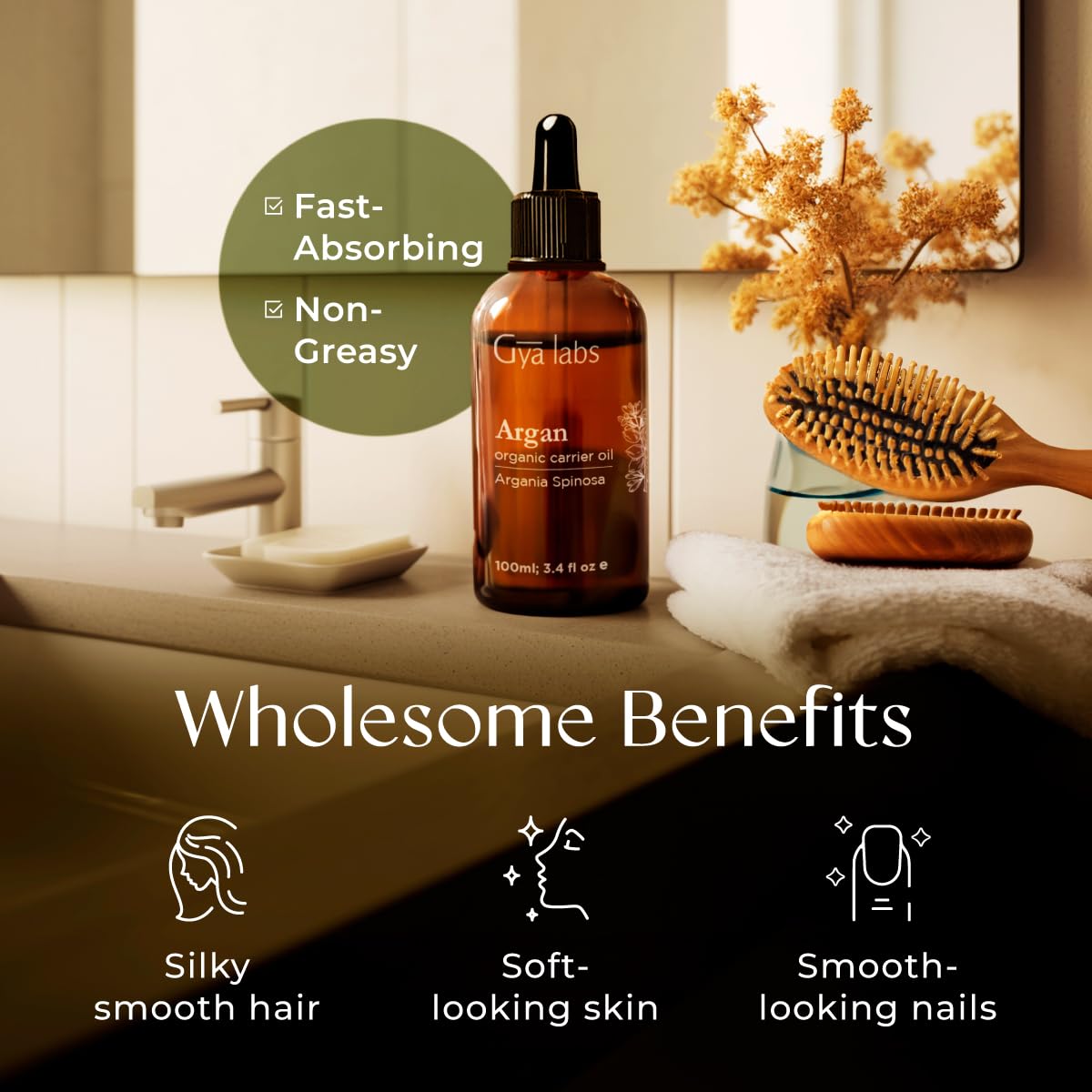 Gya Labs Organic Argan Oil for Hair - 100% Pure Natural Cold-Pressed Moroccan Argan Carrier Oil for Skin, Face, Nail, Lotions, Soaps & Conditioners (3.4 Fl Oz) - Soothing & Moisturizing