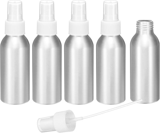 HARFINGTON 5pcs Aluminum Fine Mist Spray Bottles 100ml/3.4oz Metal Small Liquid Alcohol Refillable Travel Container with White Plastic Nozzle Cap for Perfume Skincare Cosmetic Storage Bottle