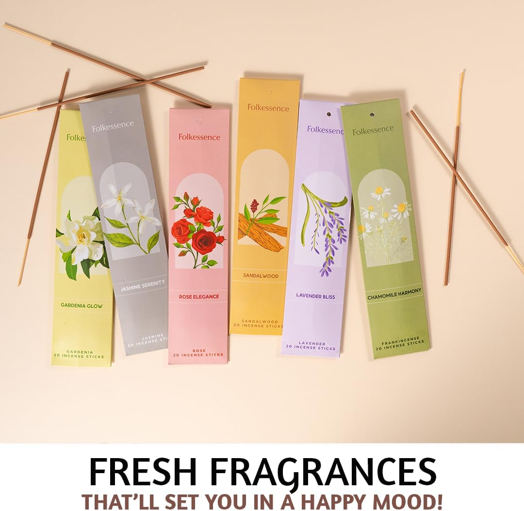 Folkulture Incense Sticks with Incense Holder | Set of 6 (120) Organic Fall Insence-Sticks with 45 Mins Burn Time | Non Toxic Sandalwood Incense | Fall Scents or Rose & Lavender Inscents for Home