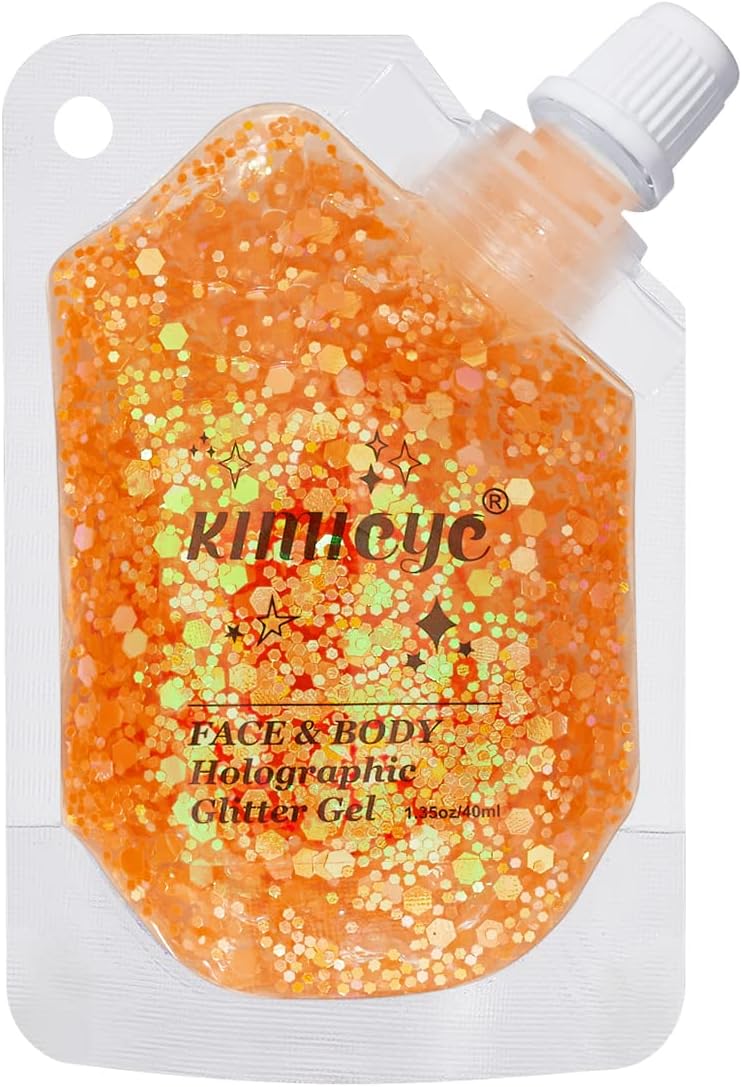 Holographic Face Glitter Gel Body Shimmer Makeup for for Hair, Face, Clavicle, Arm, Nail, Eyeshadow, Long Lasting Waterproof Mermaid Sequins Party Glitter for Rave Festival, 1.35oz (Luminous Orange)