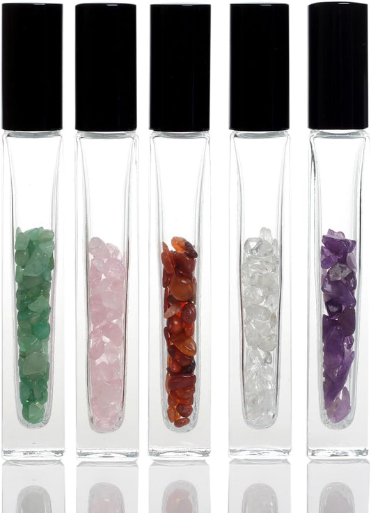 10ml Gemstone Roller Square Bottles Refillable Roll On Bottles Healing Crystal Chips Inside For Perfumes Aromatherapy Oils 5pack…