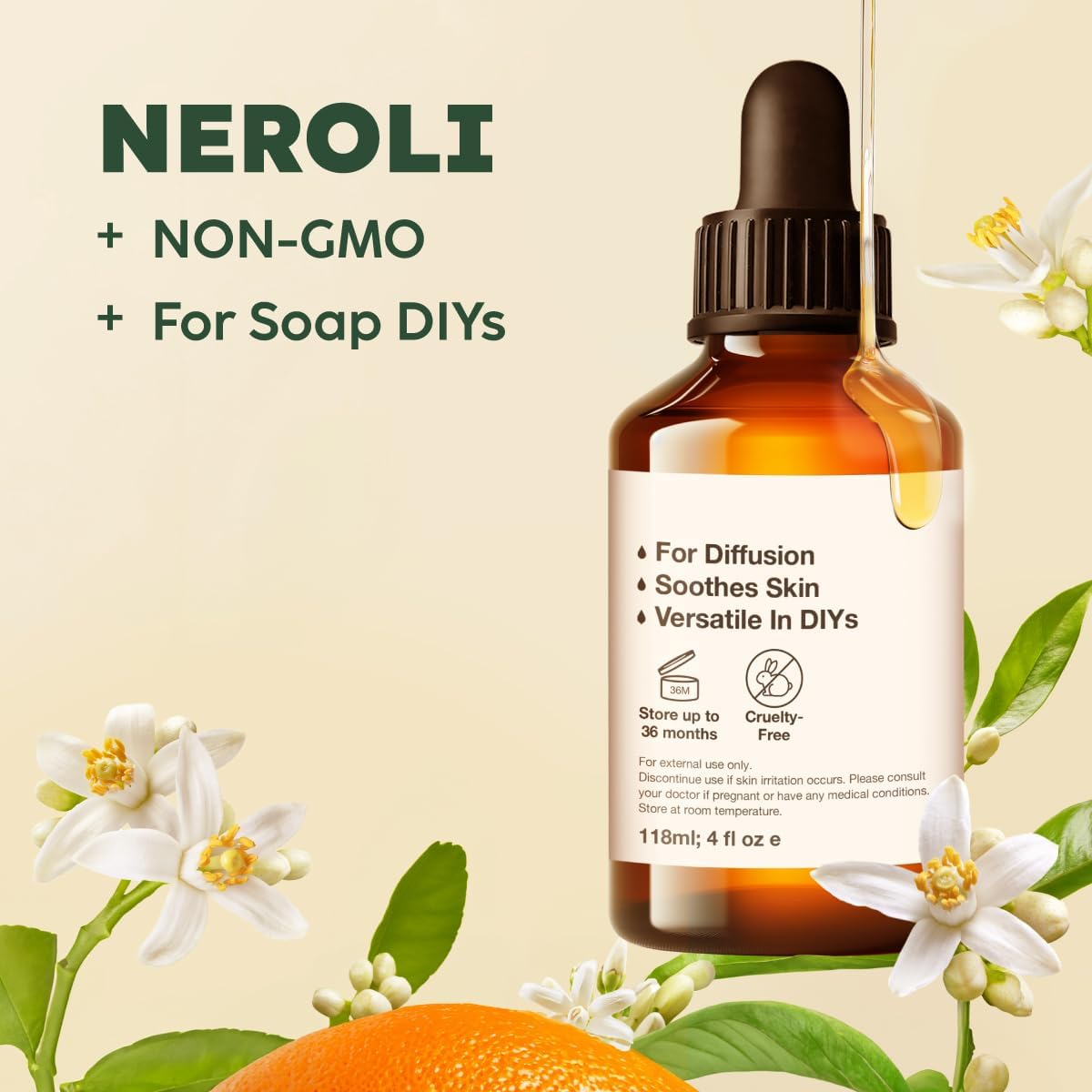 Kukka Neroli Essential Oil for Diffuser Skin - 4 Fl Oz - Neroli Oil, Floral Scent, for Aromatherapy, Candle, Bath Bomb, DIY Soap Making Scents