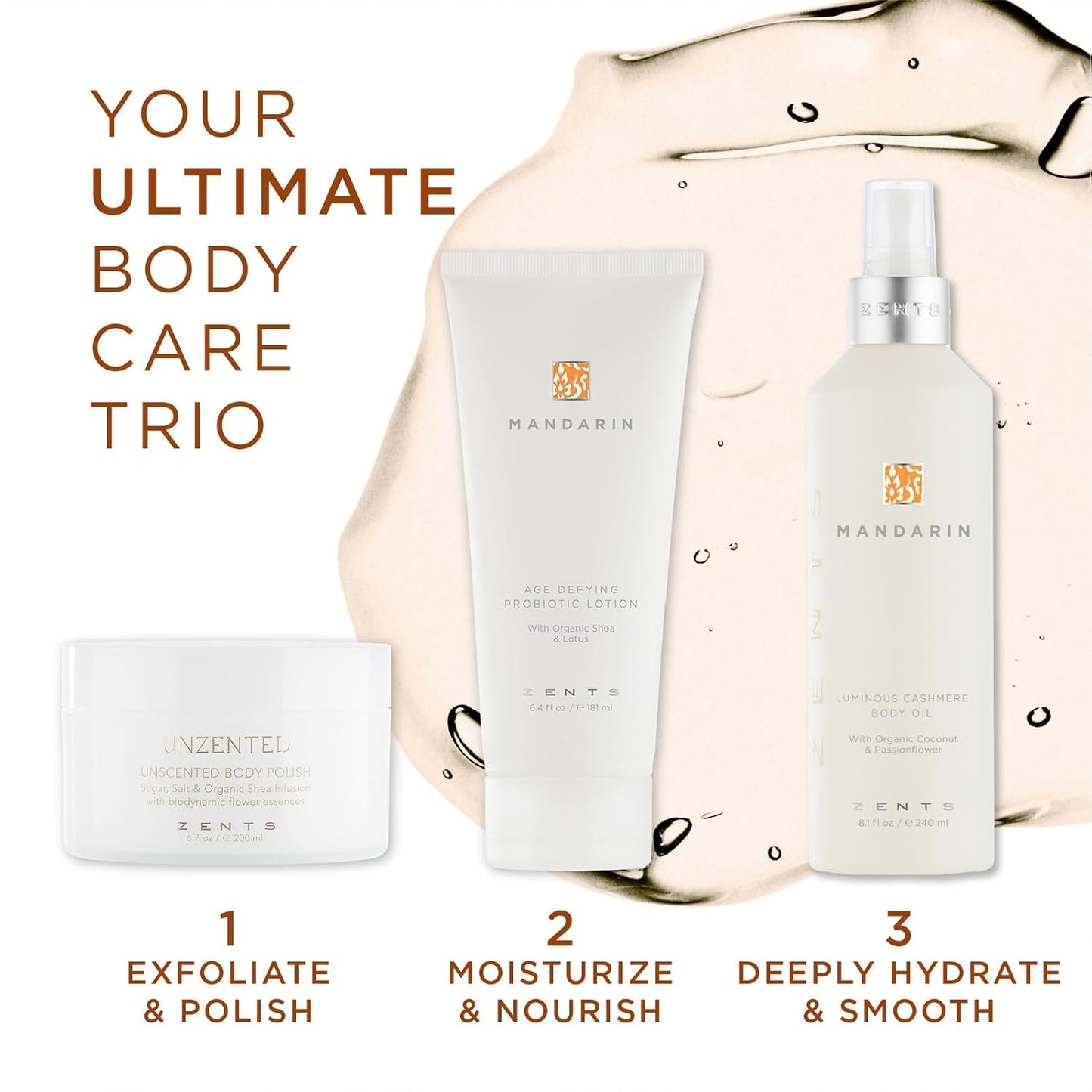 Zents Luminous Cashmere Body Oil (Mandarin Fragrance) | Moisturizing Body Oil with Vitamin E & Organic Coconut Oil | Softens & Smooths Skin | 8 fl oz