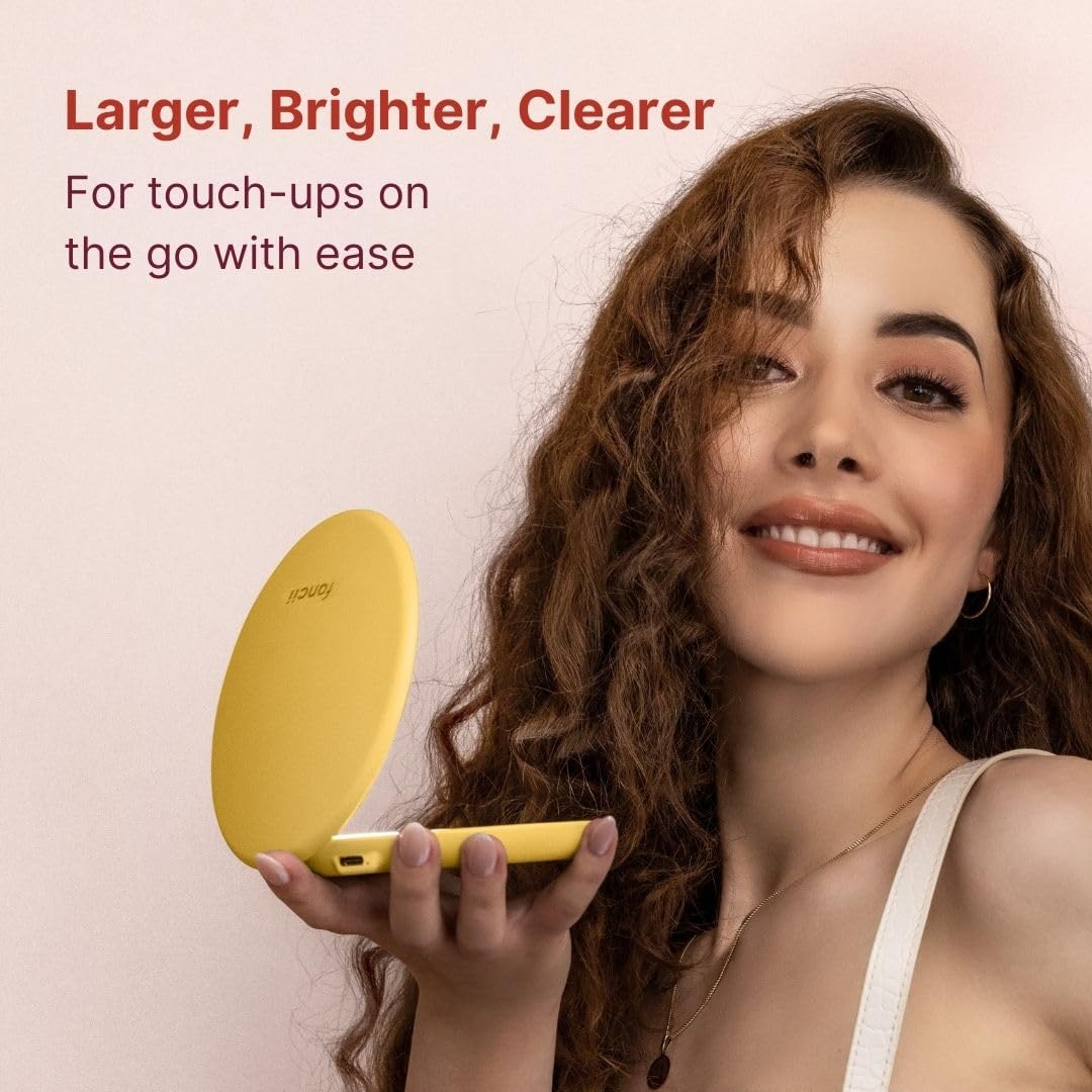 Fancii Taylor Travel Makeup Mirror with LED Light, Rechargeable, 10x /1x Magnifying, Tru-Glow Lighting System, XL Large 5” Wide | Compact Mirror for Purses (Marigold)