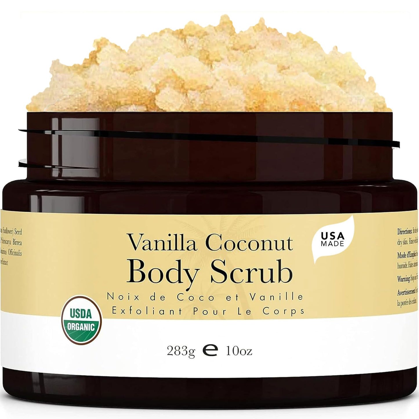 Organic Vanilla Coconut Body Scrub - USA Made Sugar Scrub with Natural Ingredients, Moisturizing Body & Foot Exfoliator for Dry and Sensitive Skin, Removes Dead Skin Cells & Reduces Ingrown Hair
