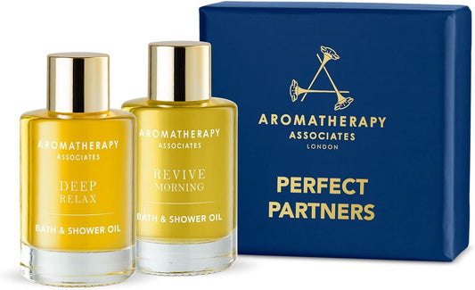 Aromatherapy Associates Perfect Partners Gift Set. 2 Premium Bath and Shower Oils (0.3 fl oz each) in Decorative Gift Box. Includes Deep Relax and Revive Morning Blends