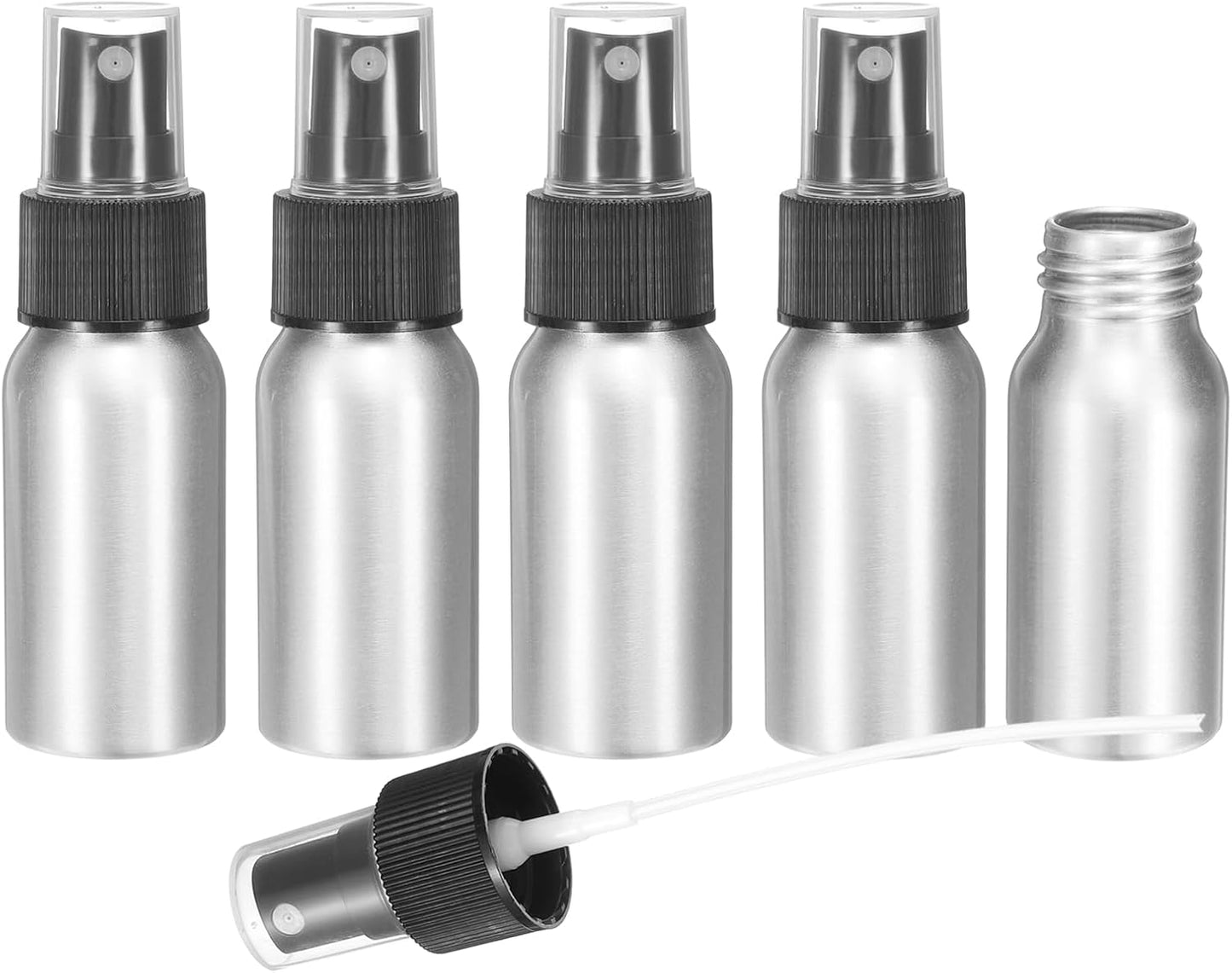 HARFINGTON 5pcs Aluminum Fine Mist Spray Bottles 30ml/1oz Metal Small Liquid Alcohol Refillable Travel Container with Black Plastic Nozzle Cap for Perfume Skincare Cosmetic Storage Bottle