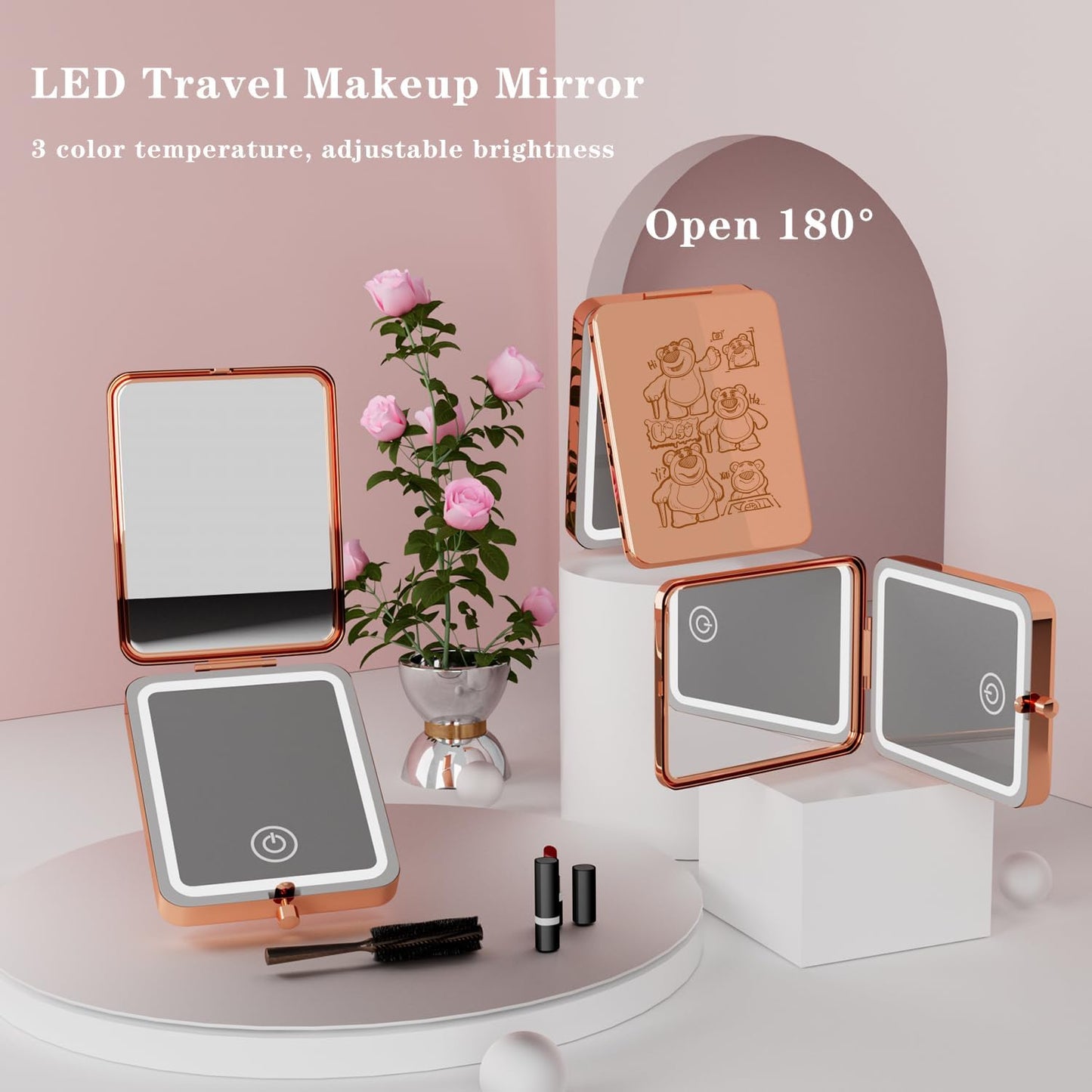 Makeup Mirror with Lights, 3X Magnifying Led Compact Travel Mirrors for Pocket,Purse, Double-Sided Foldable Handheld, Vanity Mirror with Lights, Makeup Vanity Desk Bathroom, Gifts for Women