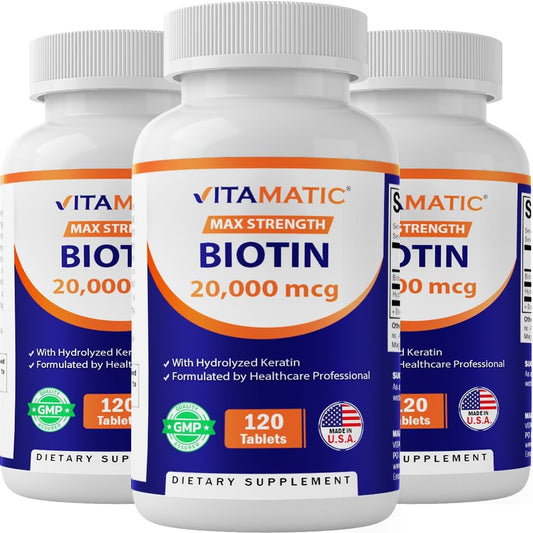 Vitamatic High Potency Biotin 20000 mcg (20mg) with Keratin 100mg - 120 Vegetarian Tablets - Biotin Supplements for Healthy Hair Skin & Nails for Adults (120 Count (Pack of 3))