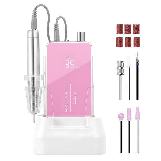 Makartt Nail Drill Professional: 60W 35000RPM Electric Nail File with Coreless Motor, 2 in 1 Desktop & Portable, Drill Bits and LCD Display for Acrylic Gel Nails, Nouvella Pink