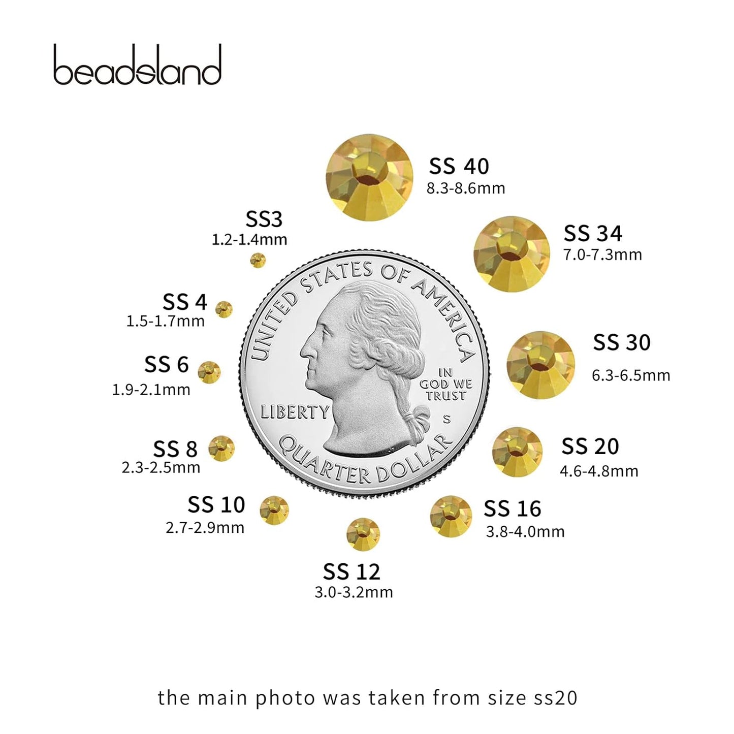 beadsland Flat Back Crystal Rhinestones Round Gems, Metal Sunlight (3.8-4.0mm) SS16/1440pcs