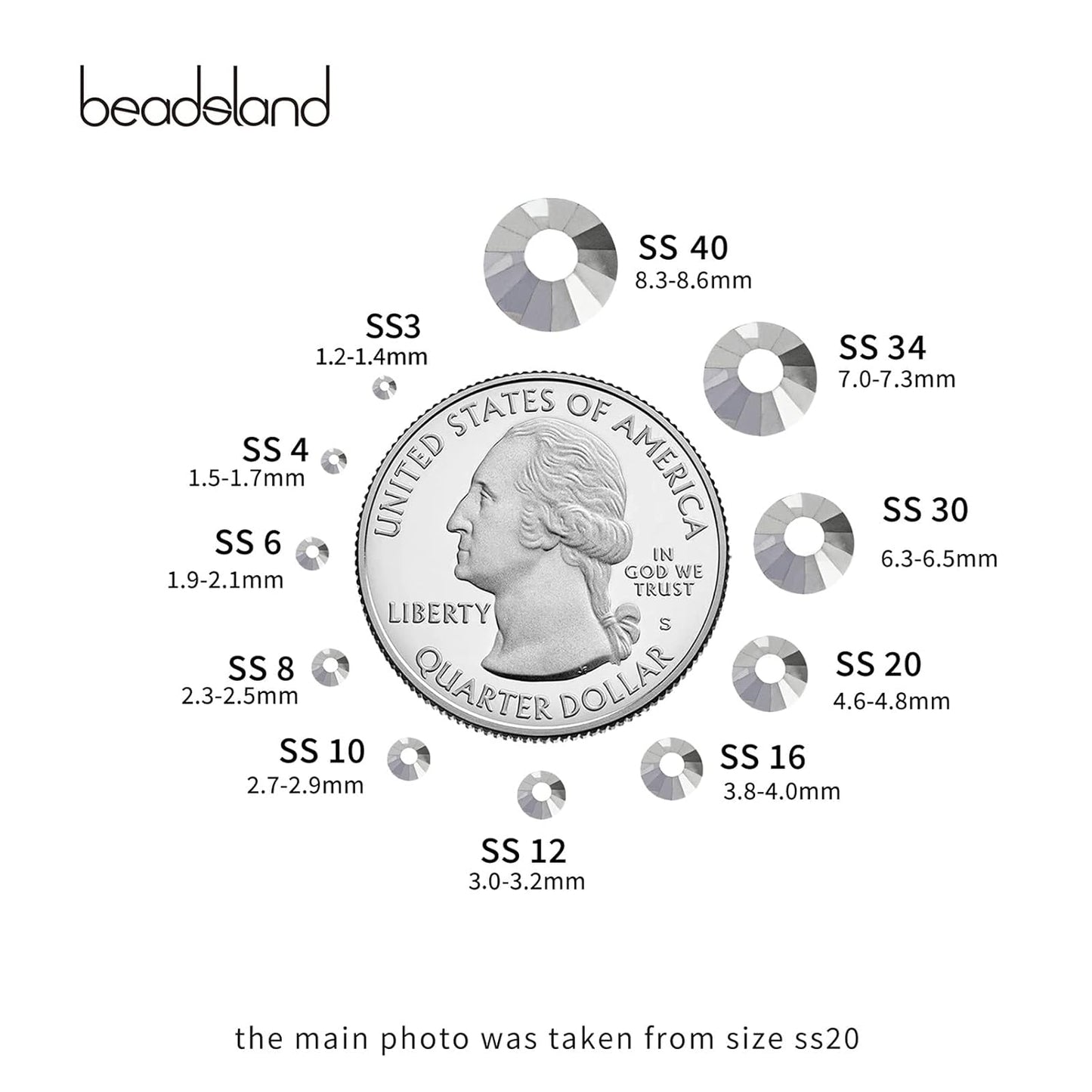 beadsland Flat Back Crystal Rhinestones Round Gems for Nail Art and Craft Glue Fix,Silver Hematite (1.9-2.0mm) SS6/1440pcs