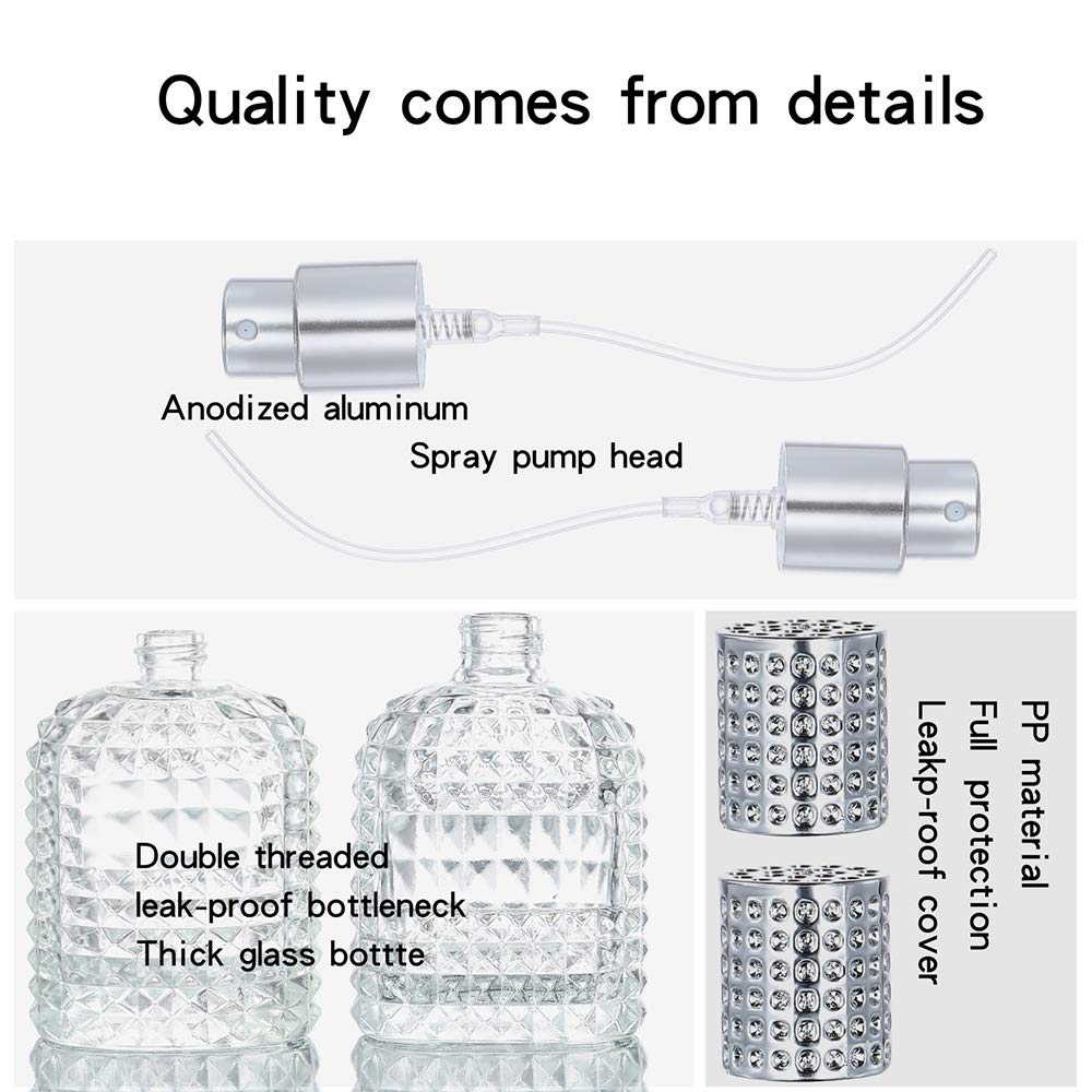 2 Pack 30ml 50ml Clear Empty Glass Spray Bottles，Refillable Empty Atomizer Perfume Bottles，Atomizer Spray Bottle With 4 kinds of perfume dispenser (50ml Silver cap and 30ml Silver cap)