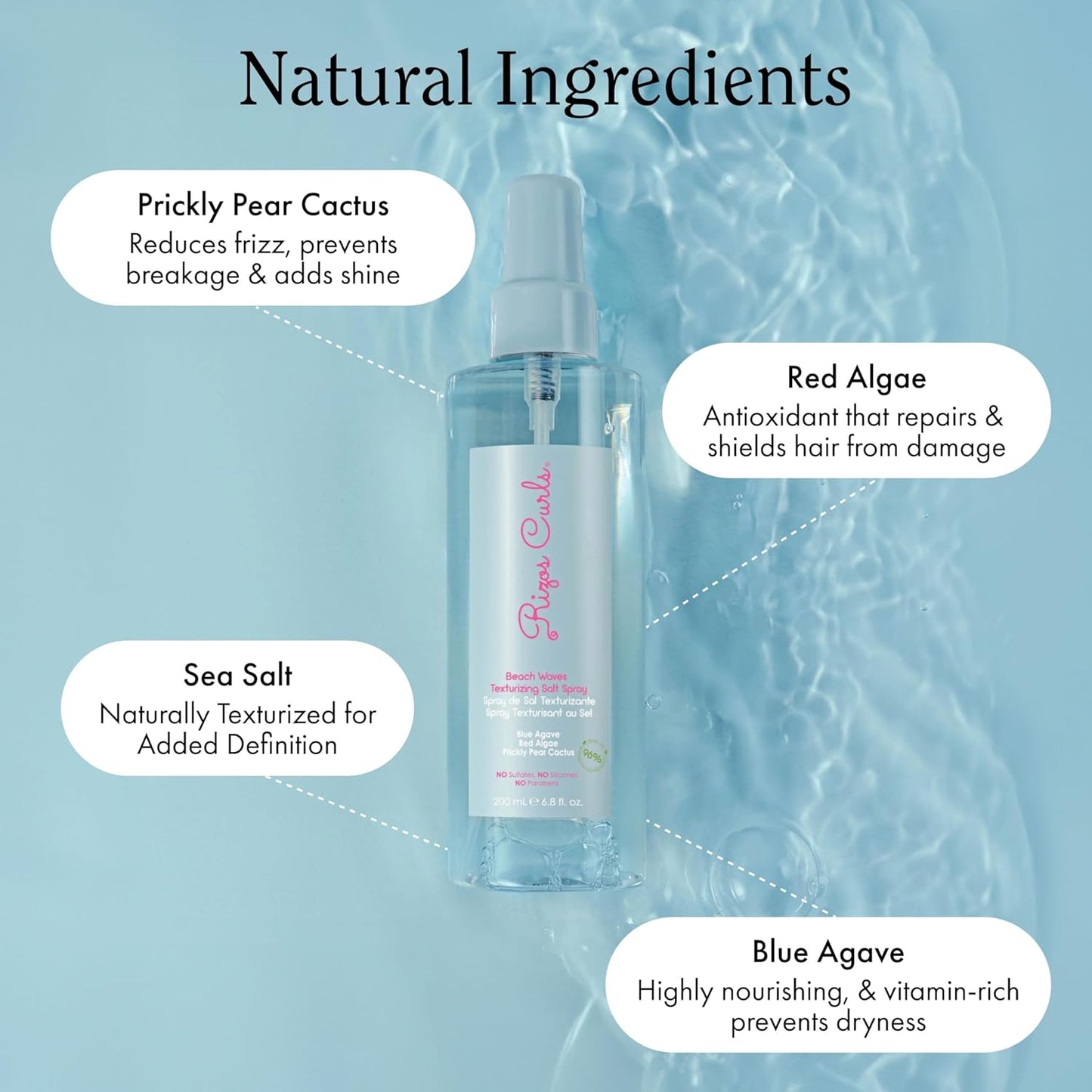 Rizos Curls Beach Waves Texturizing Salt Spray, Enhance Texture & Volume, Nourish and Enhance Definition with Blue Agave Extract, Red Algae & Prickly Pear Cactus, 6.8 oz