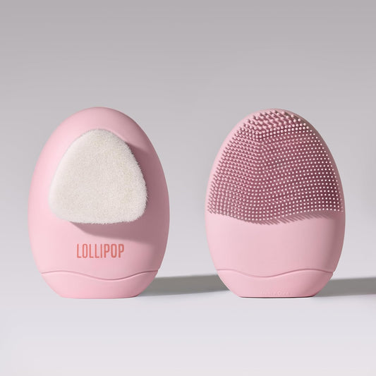 LOLLIPOP Dual-Sided Facial Cleansing Brush | Palm Size Silicone Face Exfoliator and Soft Fiber Cleanser | Manual Face Scrubber for Pores, Makeup Removal, Blackhead and Skincare Routine, Bubblegum