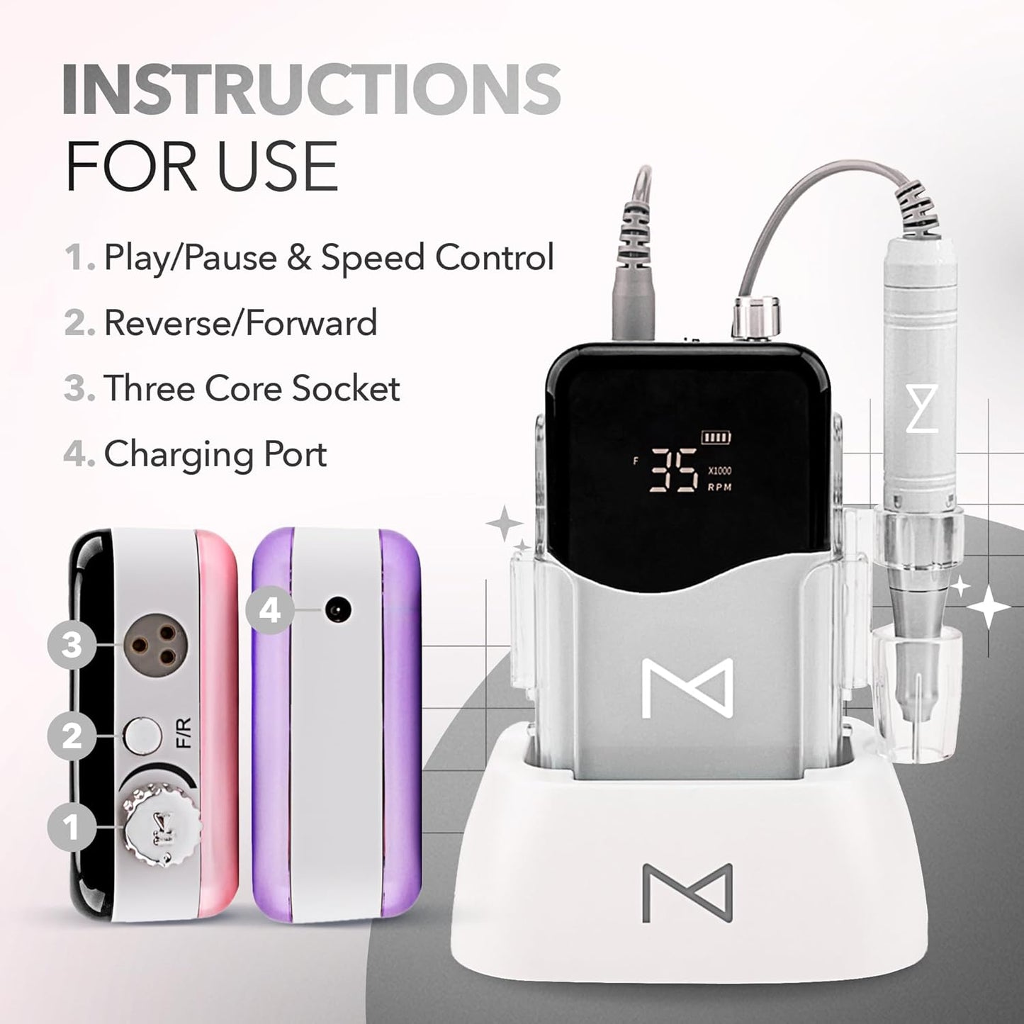 M Mase- Professional Nail Drill Machine - Coreless 2-in-1 Nail File - Electric, Cordless, 35000 RPM, HD Display - Electric Nail Drill for Professional & Home Use (White)