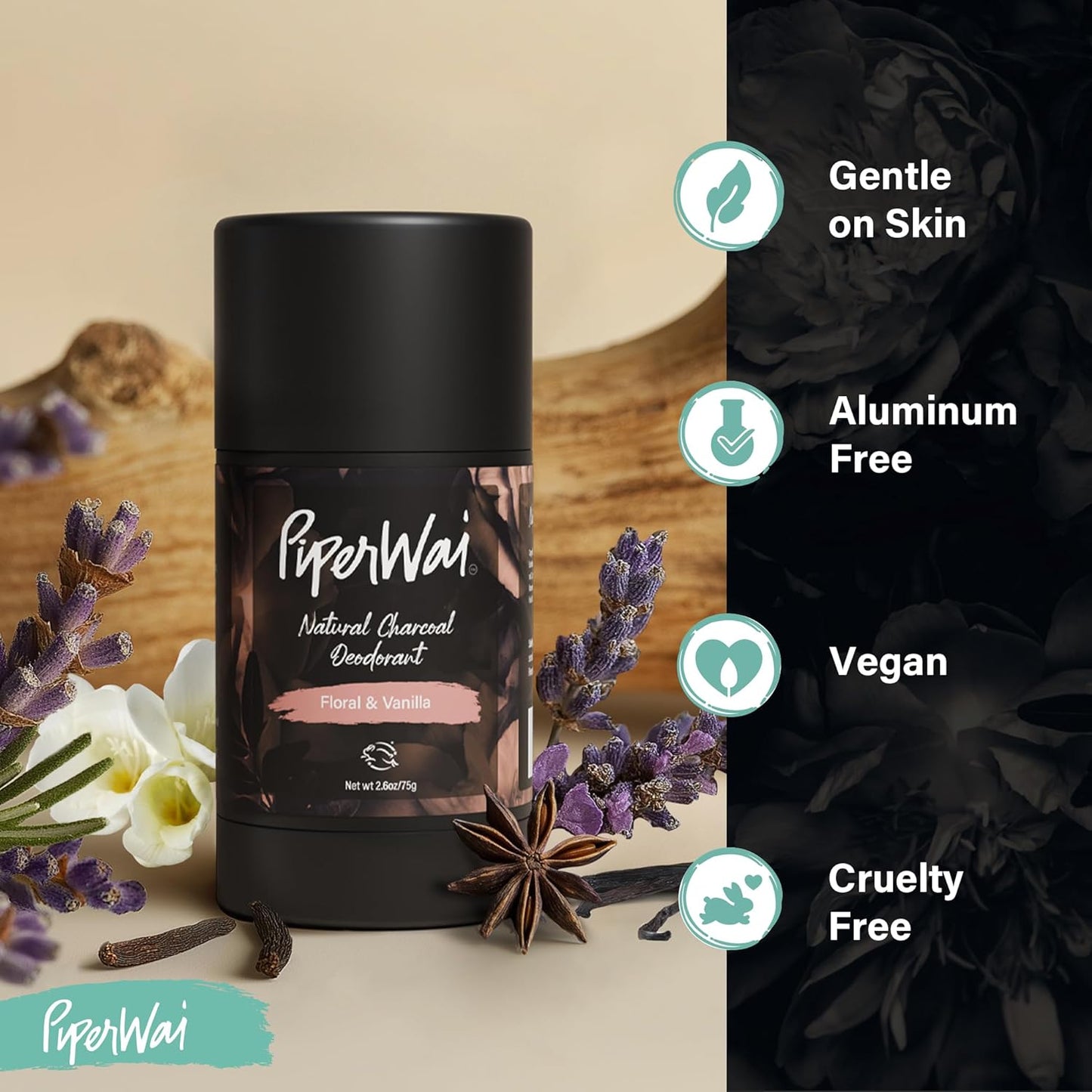 PiperWai Natural Deodorant w/Activated Charcoal | Odor Protection, Vegan, Aluminum Free, Shark Tank Product for Women & Men | Great for Travel, & Gifts | 2.6 oz (75g) Floral Vanilla Scented Stick
