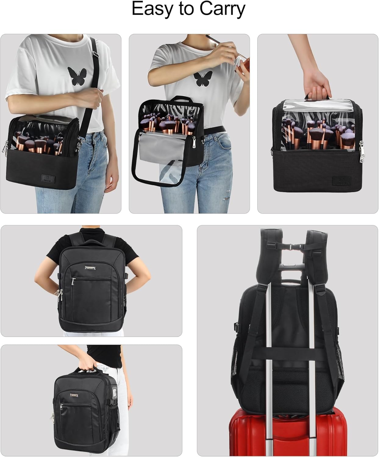 Makeup Backpack Makeup Artist Bag Professional Extra Large Cosmetic Bags Travel Train Case Storage Organizer Double-Layer Cosmetic Case with 4 Pouch and Brush Organizer (Black, two piece)