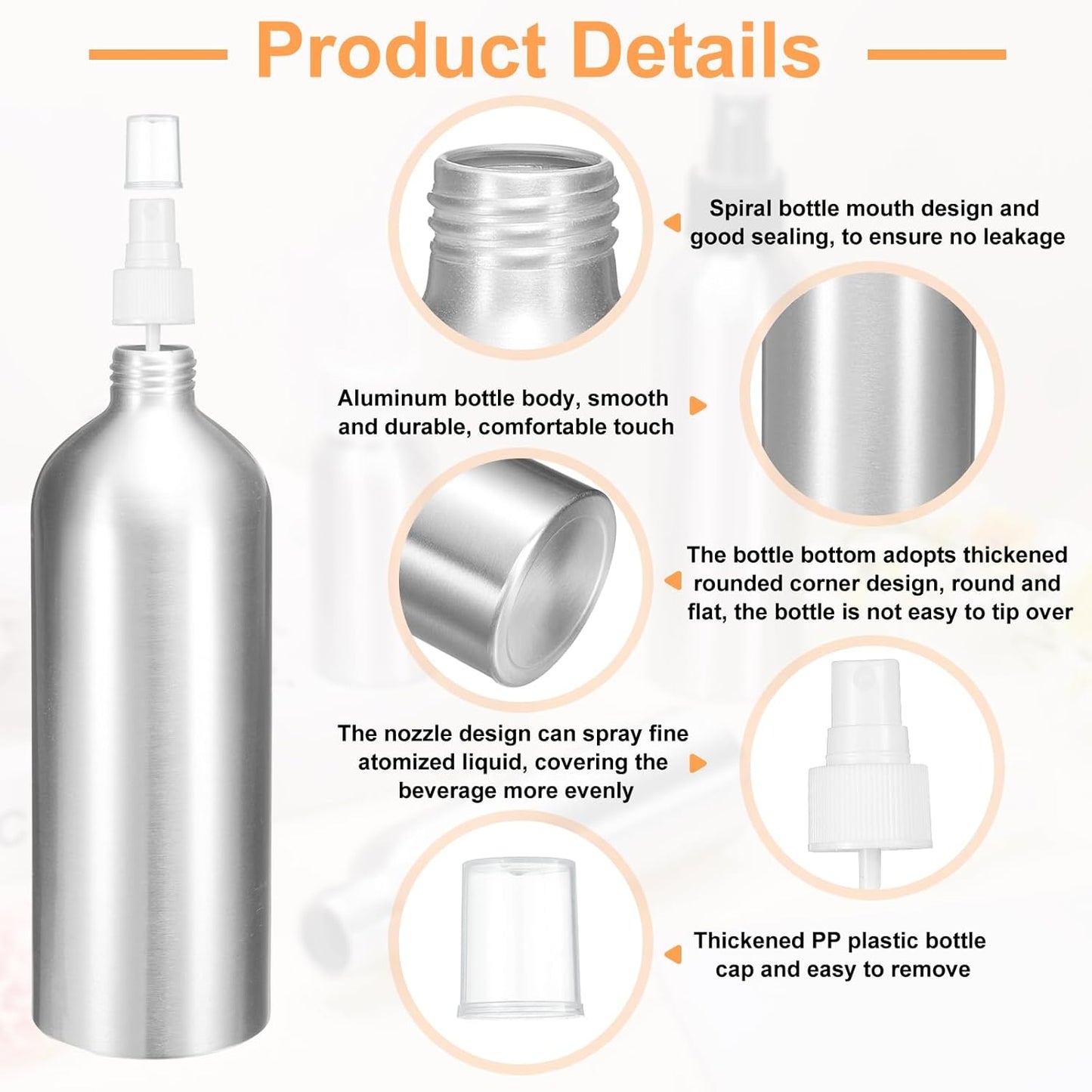 HARFINGTON 5pcs Aluminum Fine Mist Spray Bottles 500ml/16oz Metal Small Liquid Alcohol Refillable Travel Container with White Plastic Nozzle Cap for Perfume Skincare Cosmetic Storage Bottle