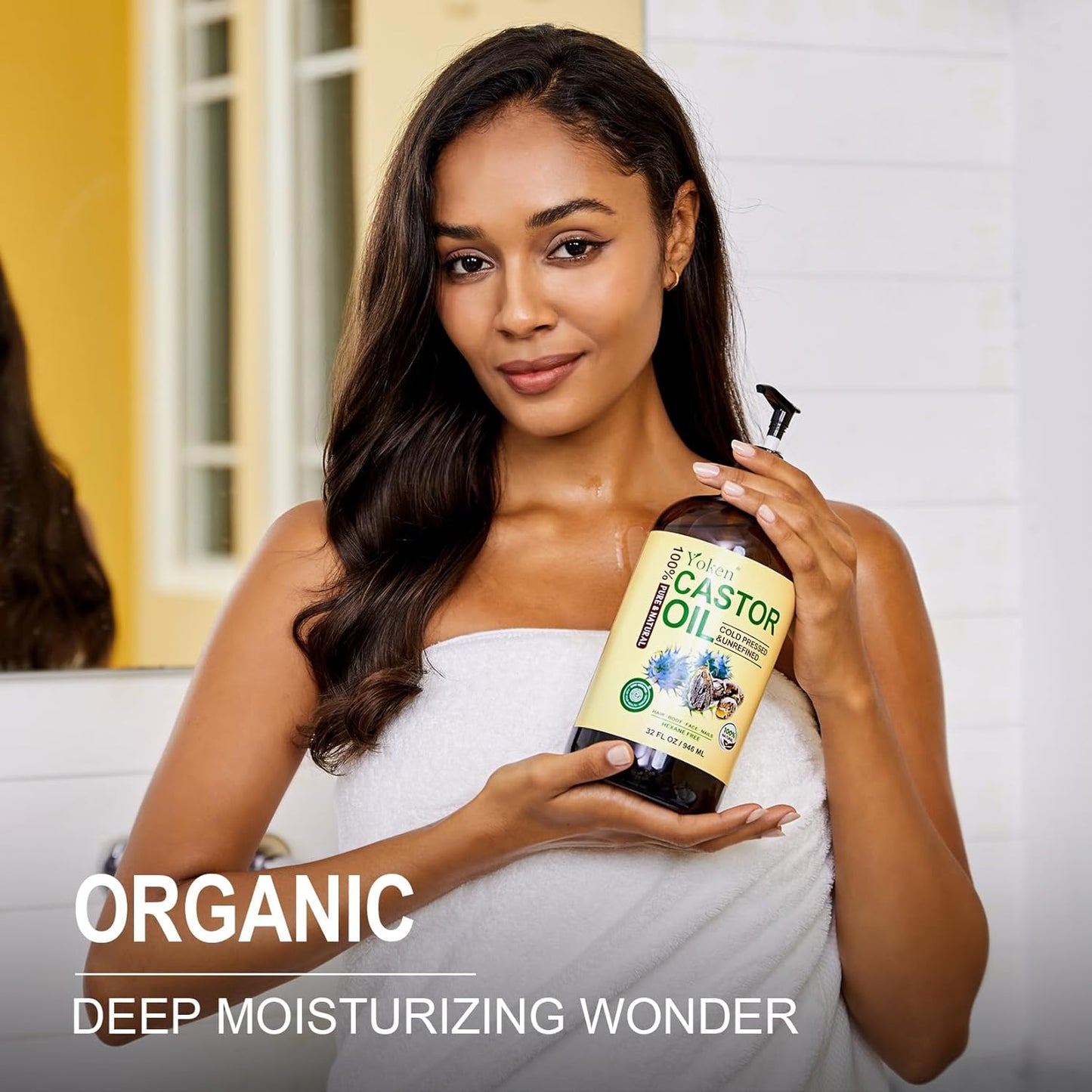 Yoken EWG Verified Castor Oil Glass Bottle 32 fl oz (with Pump) 100% Pure Castor Oil for Skin Face Hair, Cold Press, Hexane Free, Unrefined Caster oil for Pack Wrap Deep Nourish Body