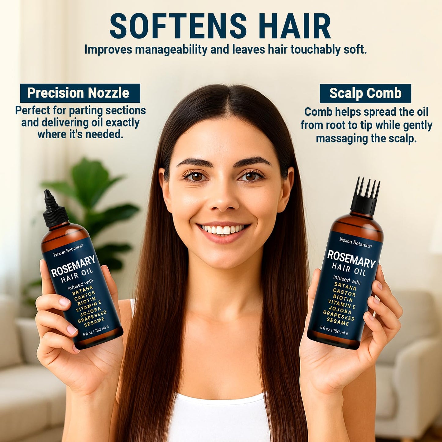 Nexon Botanics Rosemary Oil for Hair Growth 6 fl oz - Natural Scalp and Hair Oil with Batana, Castor, Biotin, Vitamin E, Grapeseed, Jojoba, Sesame - Aceite de Romero y Batana