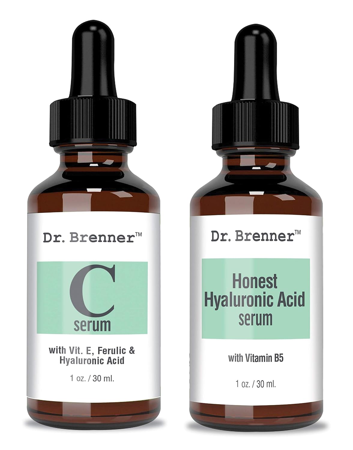 Vitamin C Serum 20% Pure L-Ascorbic Acid, Ferulic Acid, Vitamin E and HA and Hyaluronic Acid Serum with Vitamin B5 for Face and Eyes Natural Anti Aging Anti Wrinkle Set of 2 by Dr. Brenner