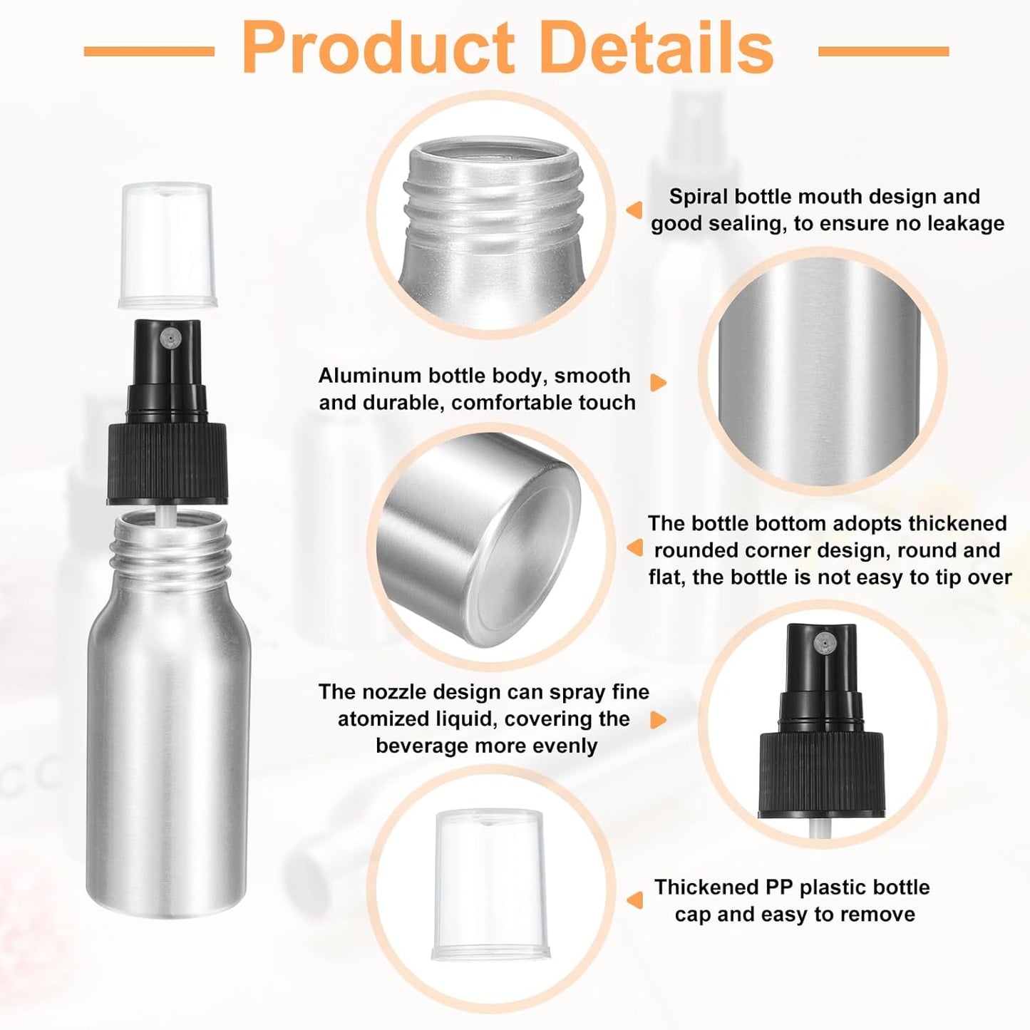 HARFINGTON 5pcs Aluminum Fine Mist Spray Bottles 30ml/1oz Metal Small Liquid Alcohol Refillable Travel Container with Black Plastic Nozzle Cap for Perfume Skincare Cosmetic Storage Bottle