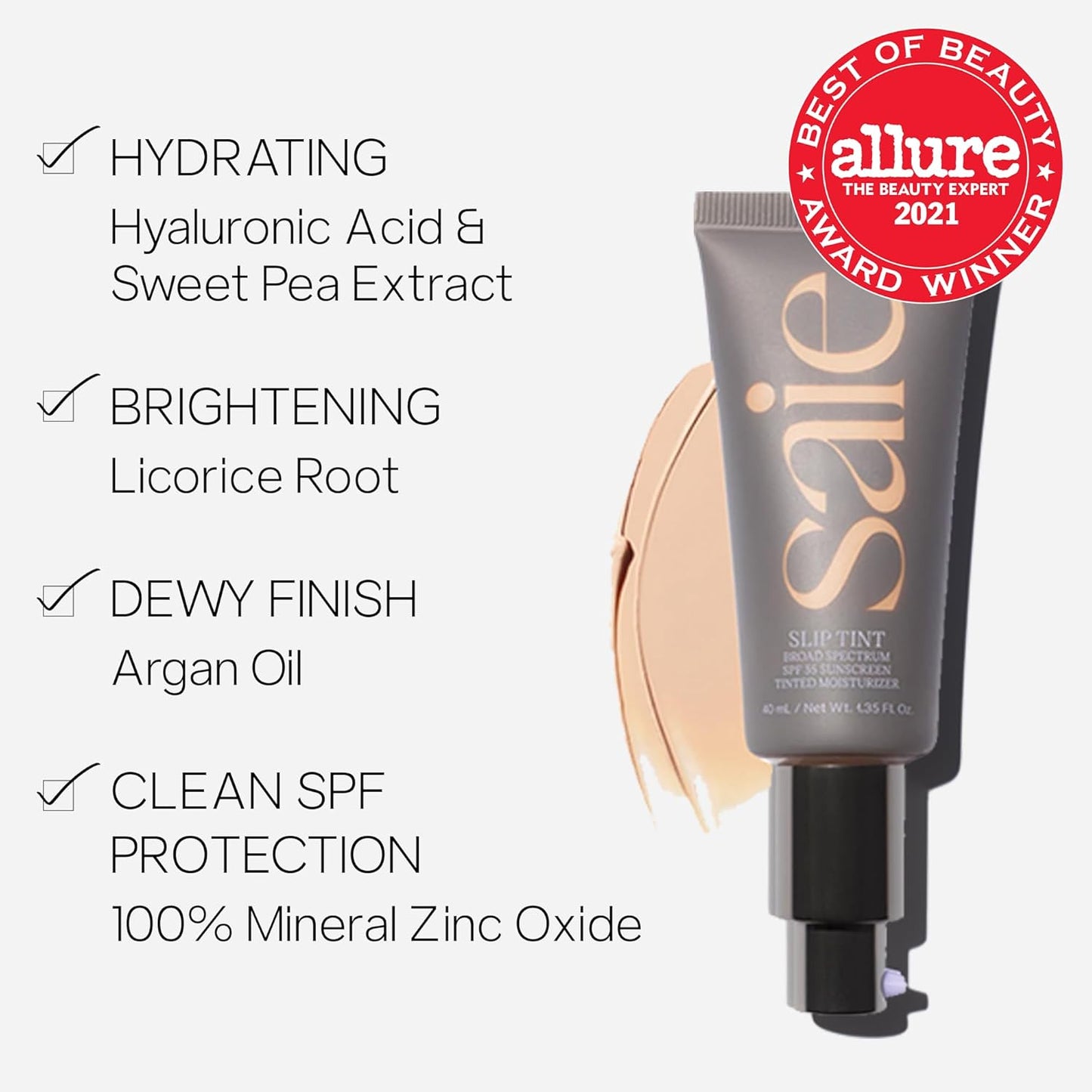 Saie Slip Tint Tinted Moisturizer with SPF 35 - Light Coverage, Glowy Skin Tint & Mineral Sunscreen for Face with Hydrating Hyaluronic Acid - Summer Makeup Essential - Shade Ten (1.35 oz)