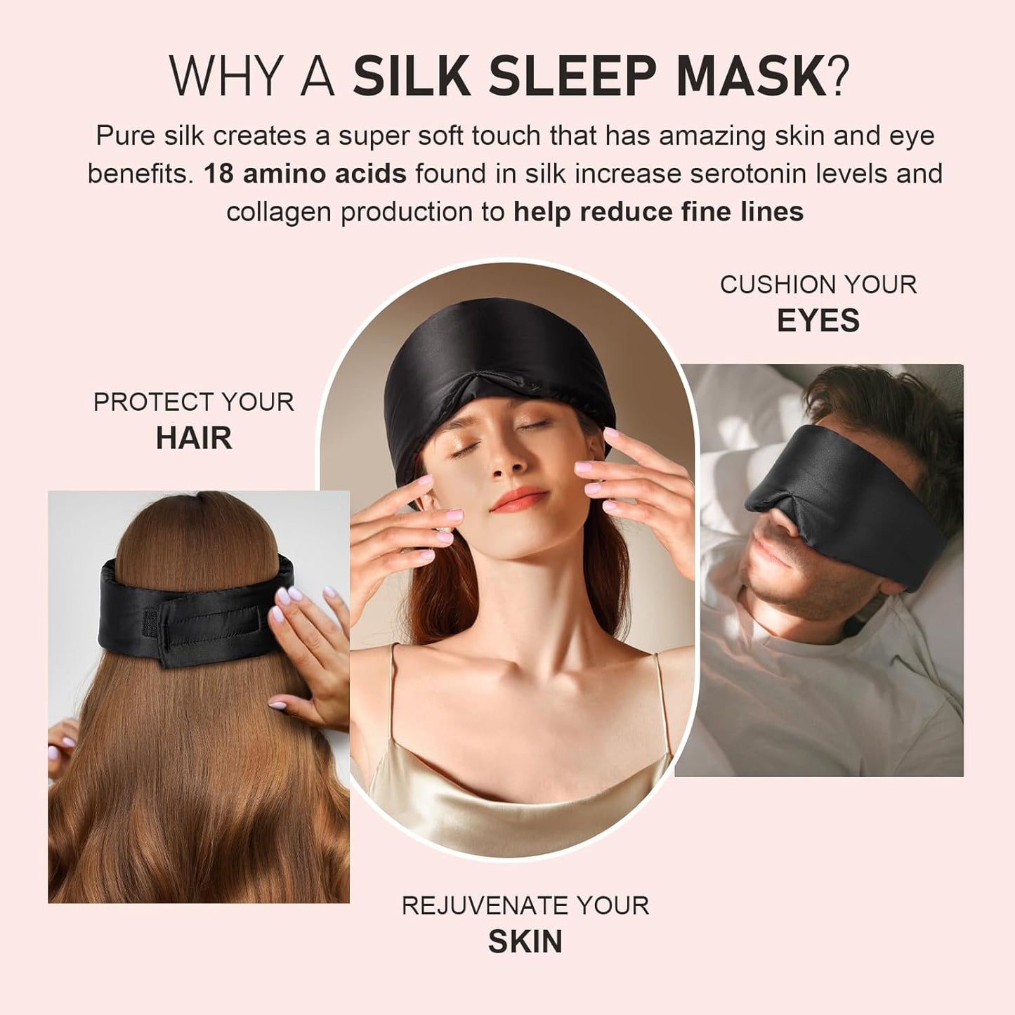LitBear Silk Sleep Mask for Side Sleeper, Eye Mask Sleeping for Women Men 100% 22 Momme Pure Mulberry Silk, Face-Hugging Padded Eye Cover for Sleeping with Adjustable Band (Black)