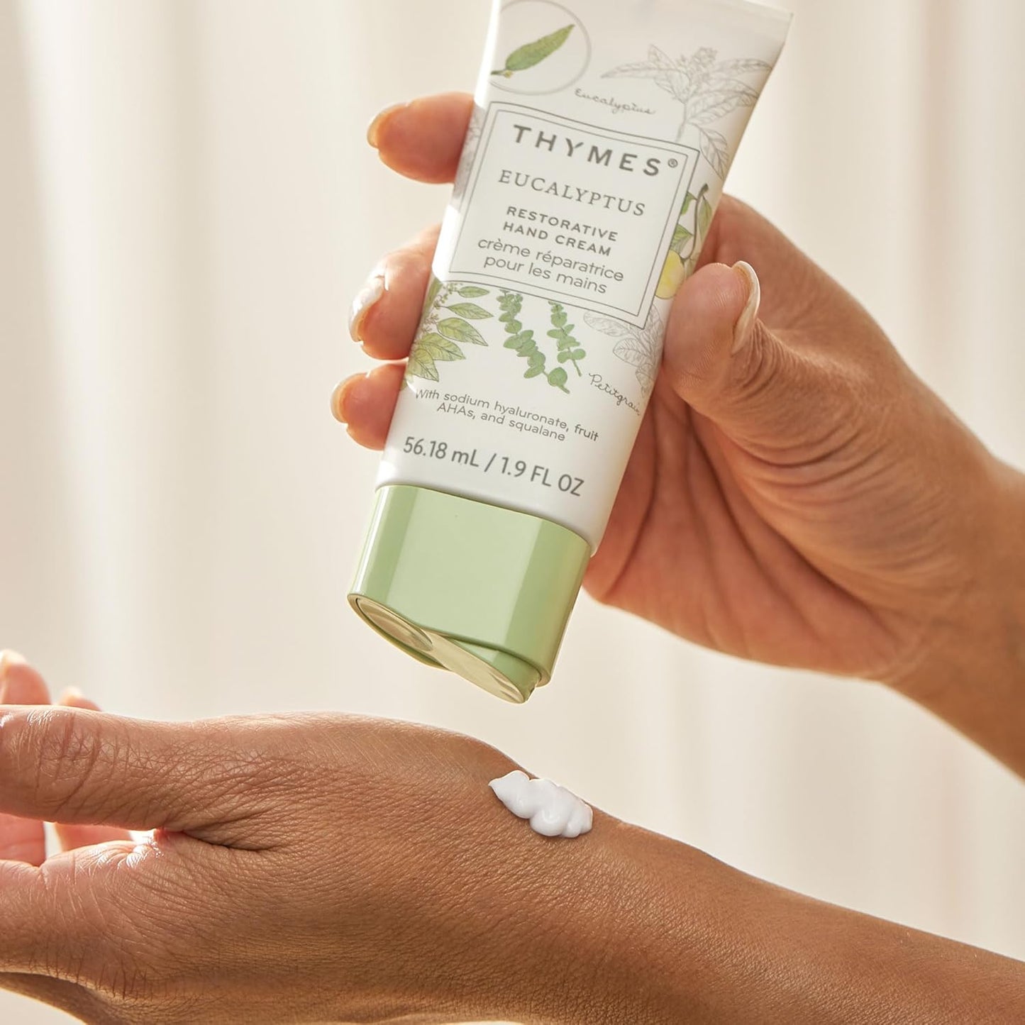 Thymes Restorative Hand Cream for Women & Men - Moisturizing Hand Cream Travel Size - Notes of Eucalyptus Oil, Lemon, Petitgrain, Bergamot, Lemongrass, & Lush Fir - Skin Care (Eucalyptus, 1.9 fl oz)