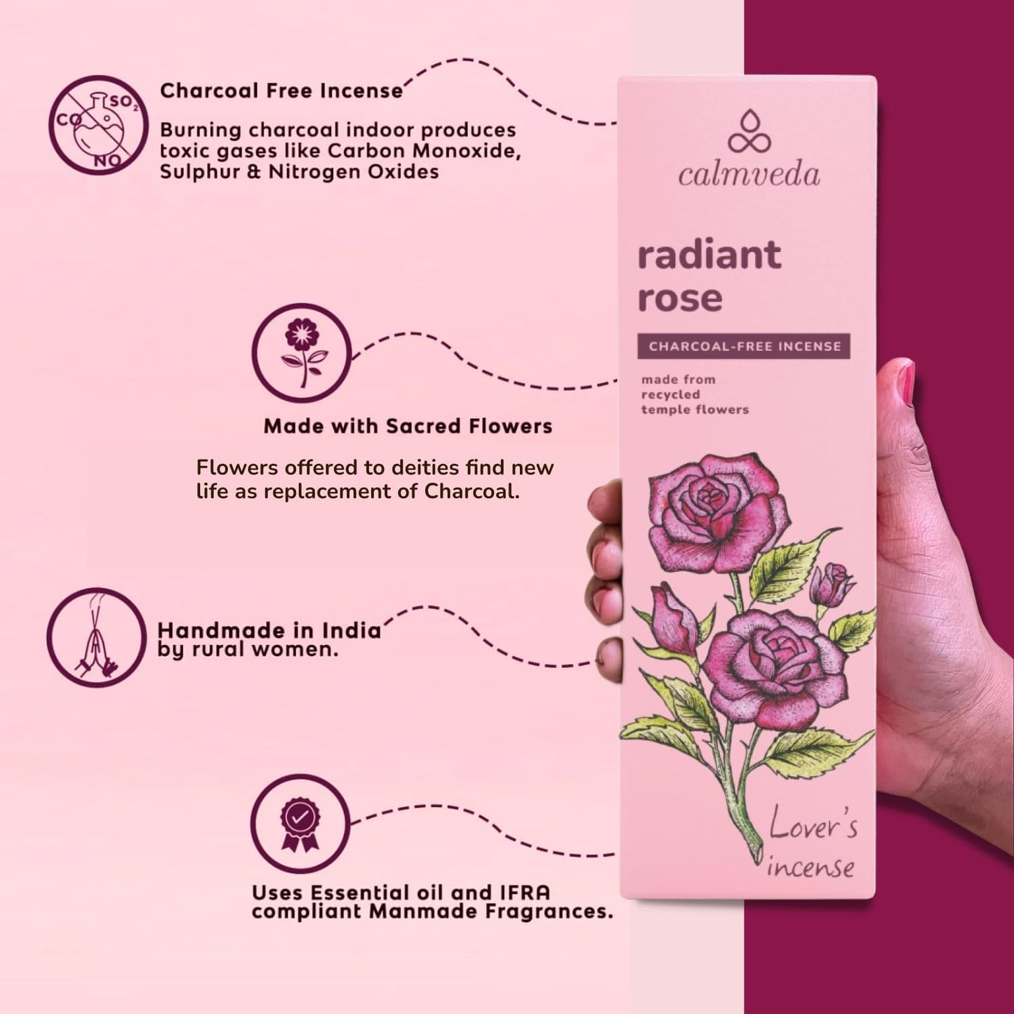 Rose Incense Sticks, 80 Sticks - Charcoal Free, Handmade by Indian Artisans, Perfect Housewarming Gift, Promotes Love & Care