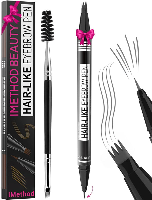 iMethod Eyebrow Pen - Eyebrow Pencil Magical 2-in-1 Eye Brow Pencils for Women with 4-Fork-Tip & Precise Brush-Tip for Natural Hair-Like Brows, Last All-Day, with Eyebrow Spoolie Brush, Grey