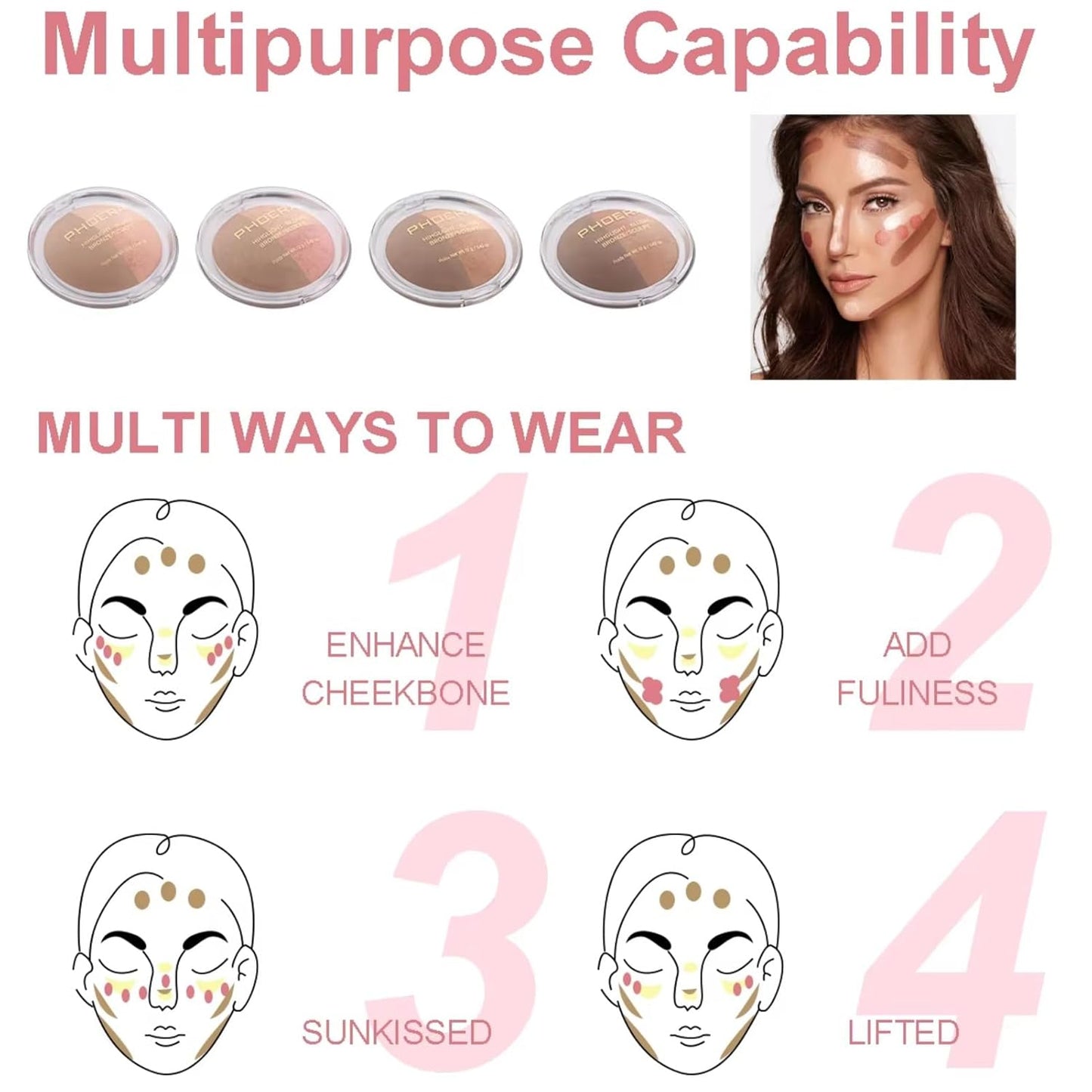 Baked Blush Highlight Bronze Powder 3-in-1 Contour Palette Sculpt Satin Silky Smooth Makeup Palettes Powder (001-Fair)