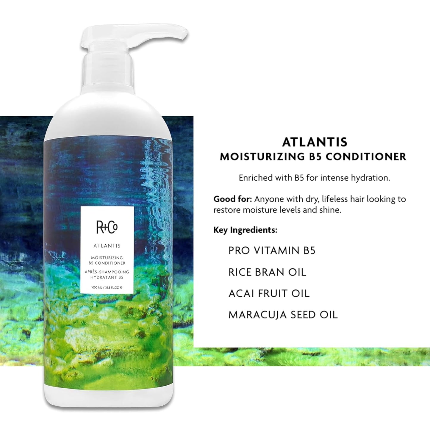 R+Co Atlantis Moisturizing B5 Hair Shampoo and Conditioner Set (1 Liter) + R+Co High Dive Travel Size (.5 Oz) | Body + Shine + Smoothing for All Hair Types | Vegan + Cruelty-Free |