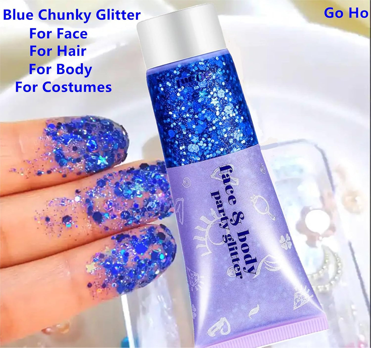 Go Ho Blue Face Body Glitter,Halloween Blue Face Paint Sparkling Mermaid Glitter Gel,Holographic Chunky Sequins Glitters for Eye Lip Hair Nails,Festival Rave Accessories