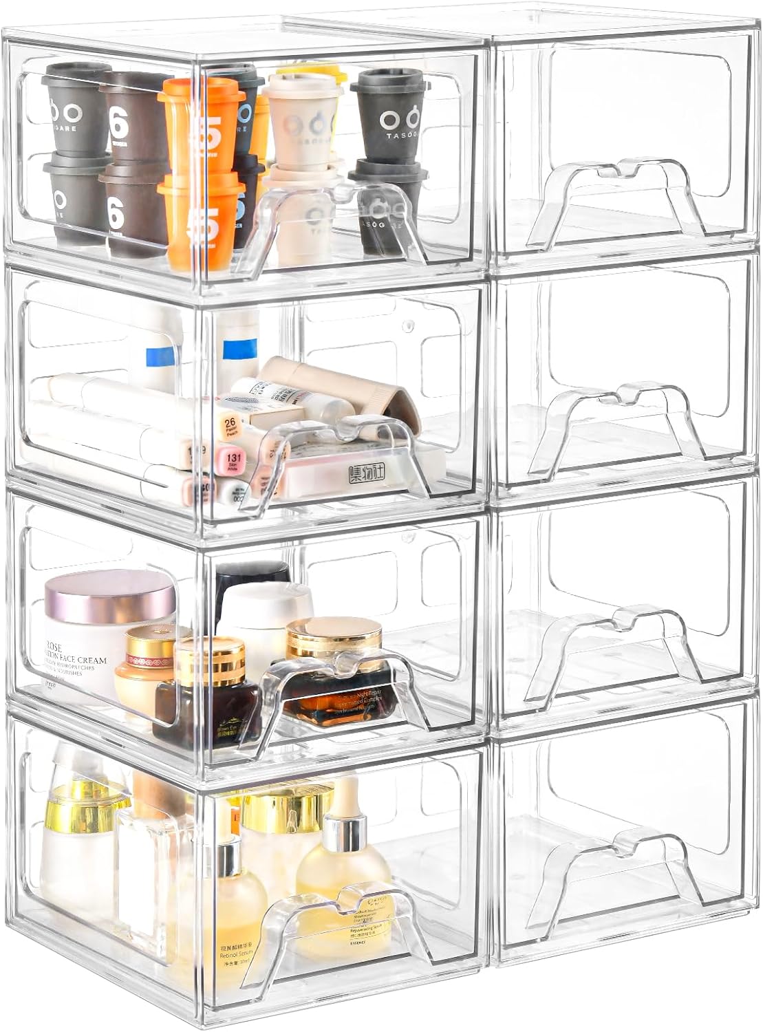 8 Pack Stackable Makeup Organizer, 4.4'' Tall Acrylic Bathroom Makeup Organizer and Storage Drawer with Pull-out Handle, Clear Plastic Storage Bins for Vanity,Pantry,Desk,Undersink,Kitchen