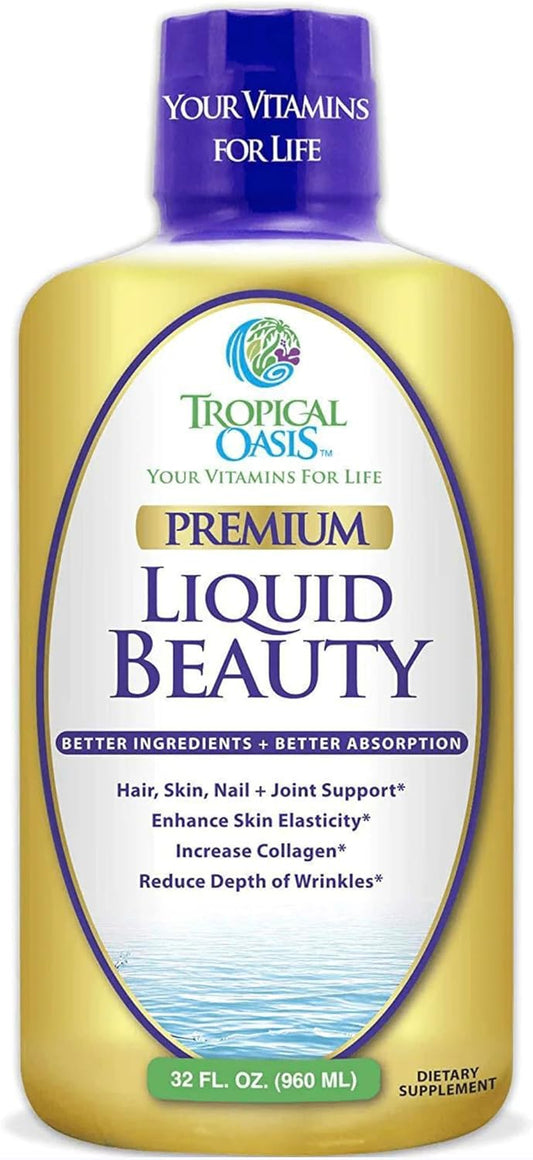 Tropical Oasis - Liquid Beauty | Supplement for Hair, Skin, & Nail Growth - Biotin + Hydrolyzed Collagen (32 Servings)