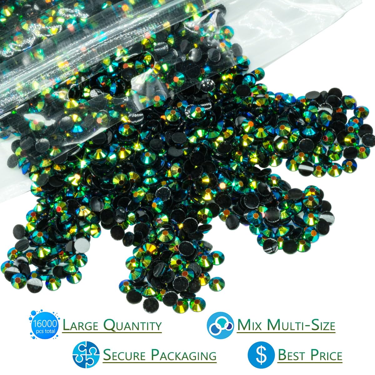 16000PCS Peacok Green AB Resin Rhinestones for Crafting 3mm 4mm 5mm Flatback Jelly Stones Bulk SS10 SS16 SS20 Diamonds Gems Charms for Nails Face Eyes Makeup Mugs Tumblers Bottles DIY Crafts Clothes