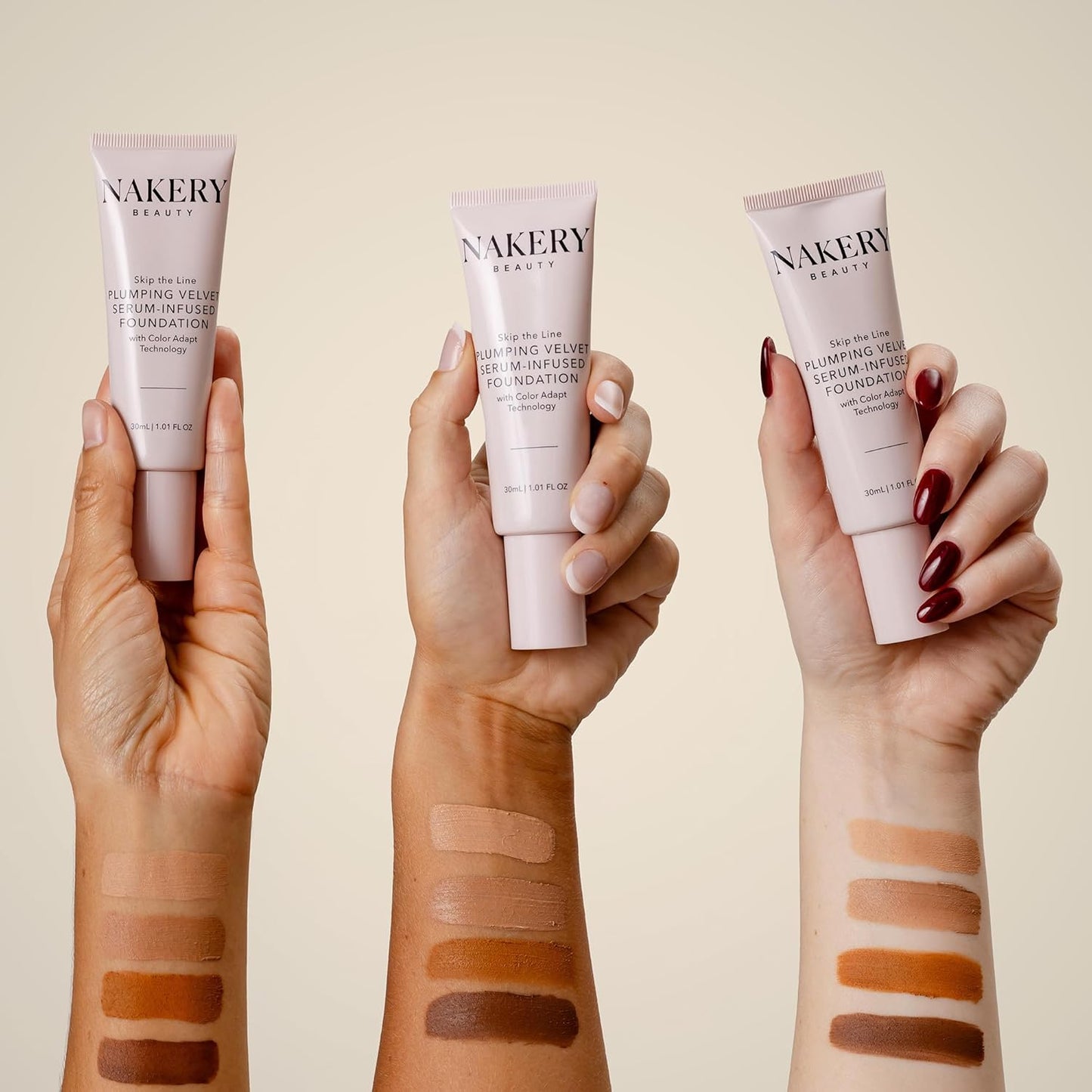 Nakery Skip the Line Full Coverage Foundation for Women - Plumping Velvet Womens Foundation Makeup Matte Finish - Age Defying Foundation - Moisturizing Foundation with Smart Color Adapt - Medium Deep