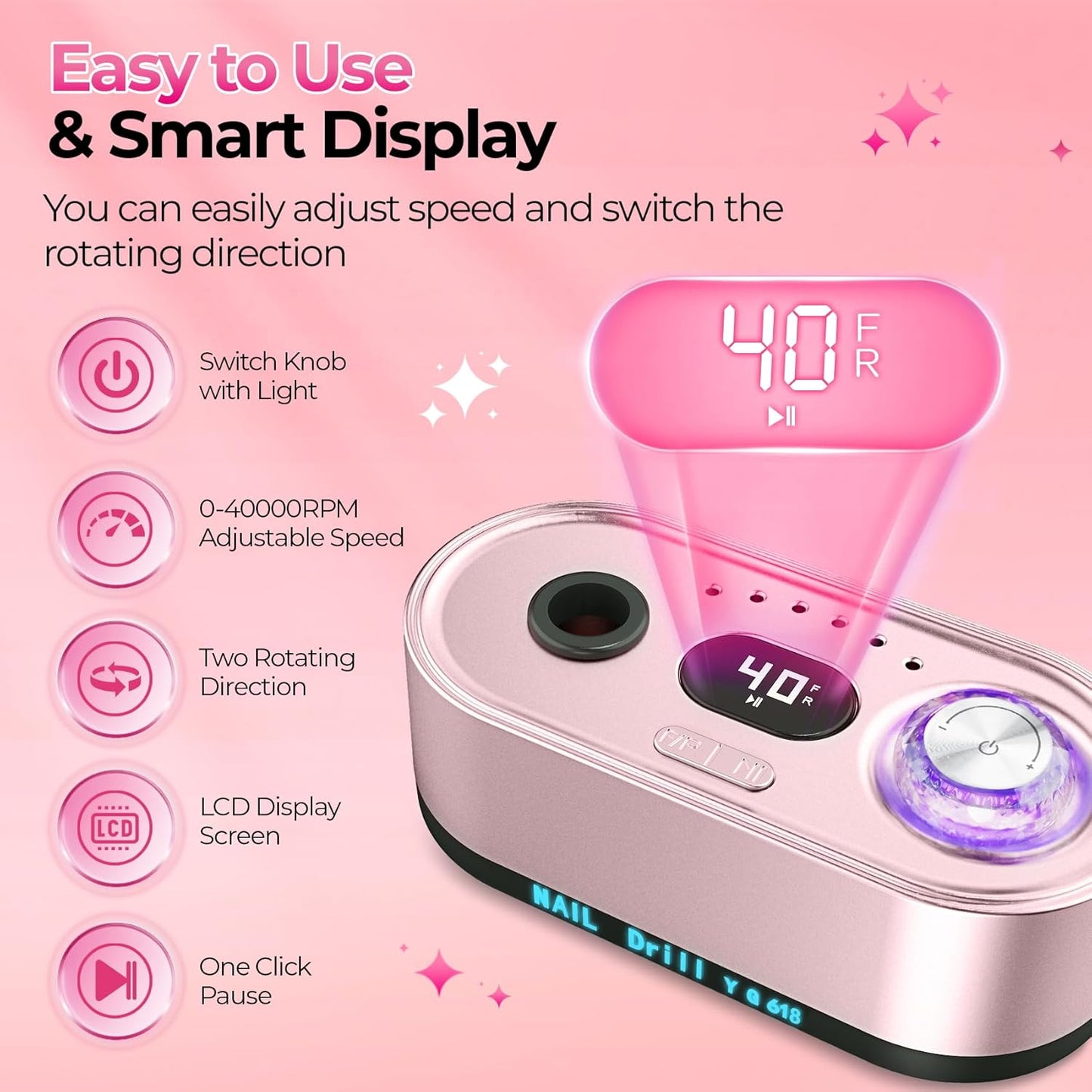 Nail Drill Electric File: 40000RPM Professional E File Kit E File Machine Filer for Shaping, Buffing, Removing Acrylic Gel Nails, Manicure Pedicure Kit with 12Pcs Nail Bits, Home Salon Use