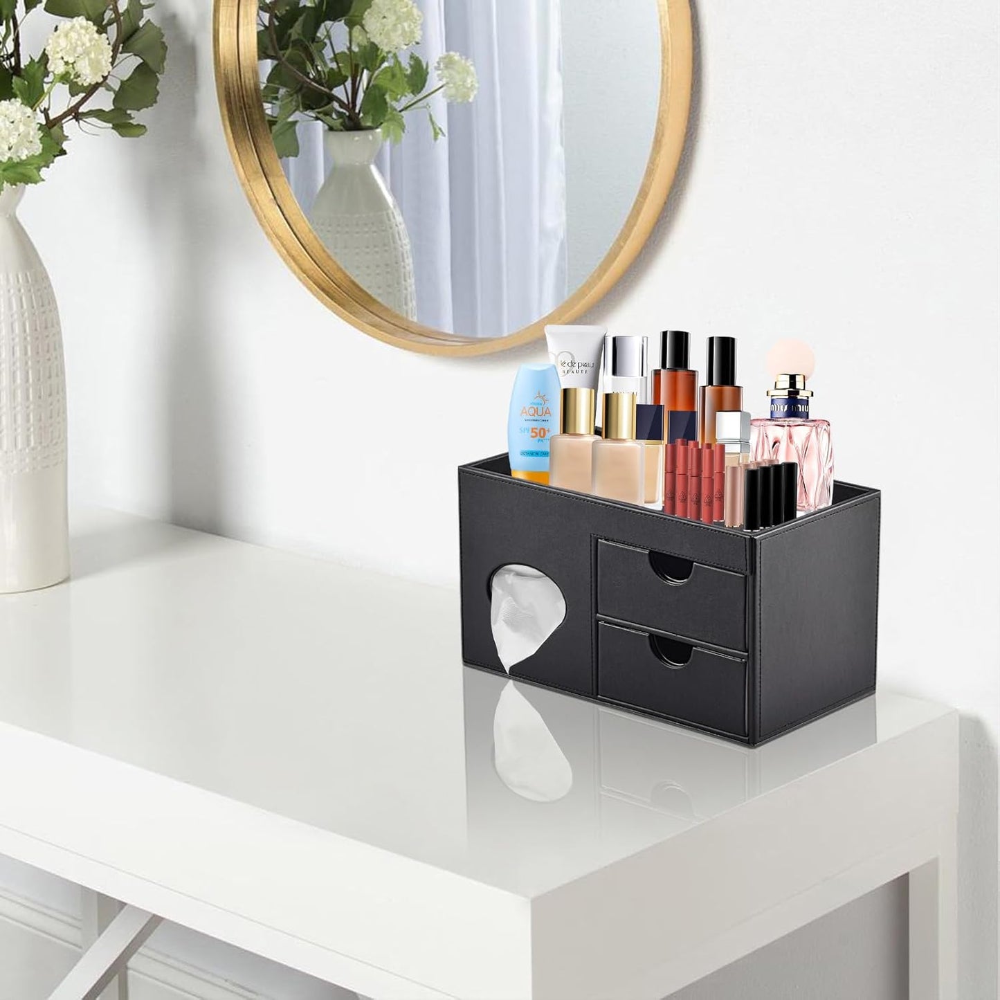 Square Tissue Box Cover with Drawers,Tissue Box Holder with Storage Tray, Makeup Organizer and Desk Organizer,Tissue Holders Decorative for Bathroom Vanity NightStand Dressing Table (Black)