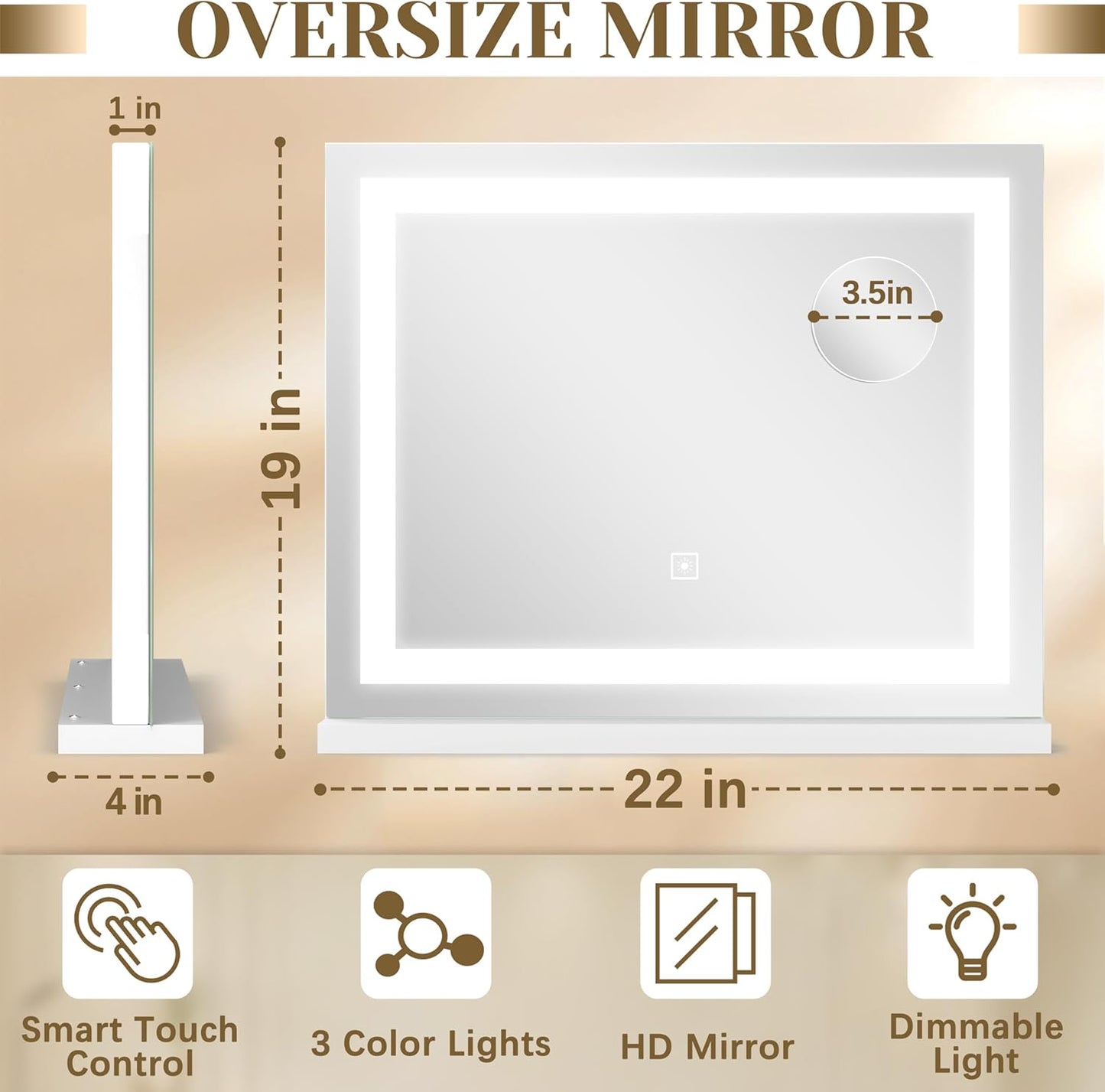 Lighted Vanity Mirror with Lights, LED Makeup Mirror with 3 Color Modes, Touch Dimming, Wall Mountable & Tabletop, Dressing Room Mirror with 10X Magnification, 22x19 Inch, White