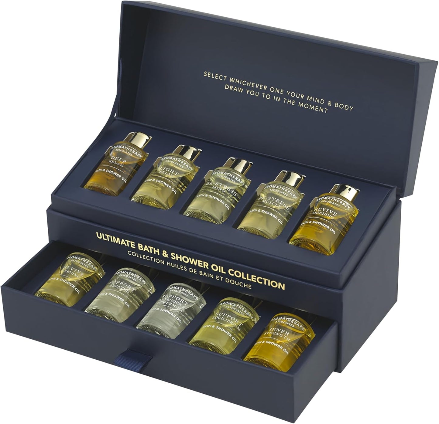 Aromatherapy Associates Essential Oil Blends – Luxury Body and Shower Oils for Dry Skin and Daily Aromatherapy, 10-Pack (0.30 fl oz Each) in Decorative Gift Box