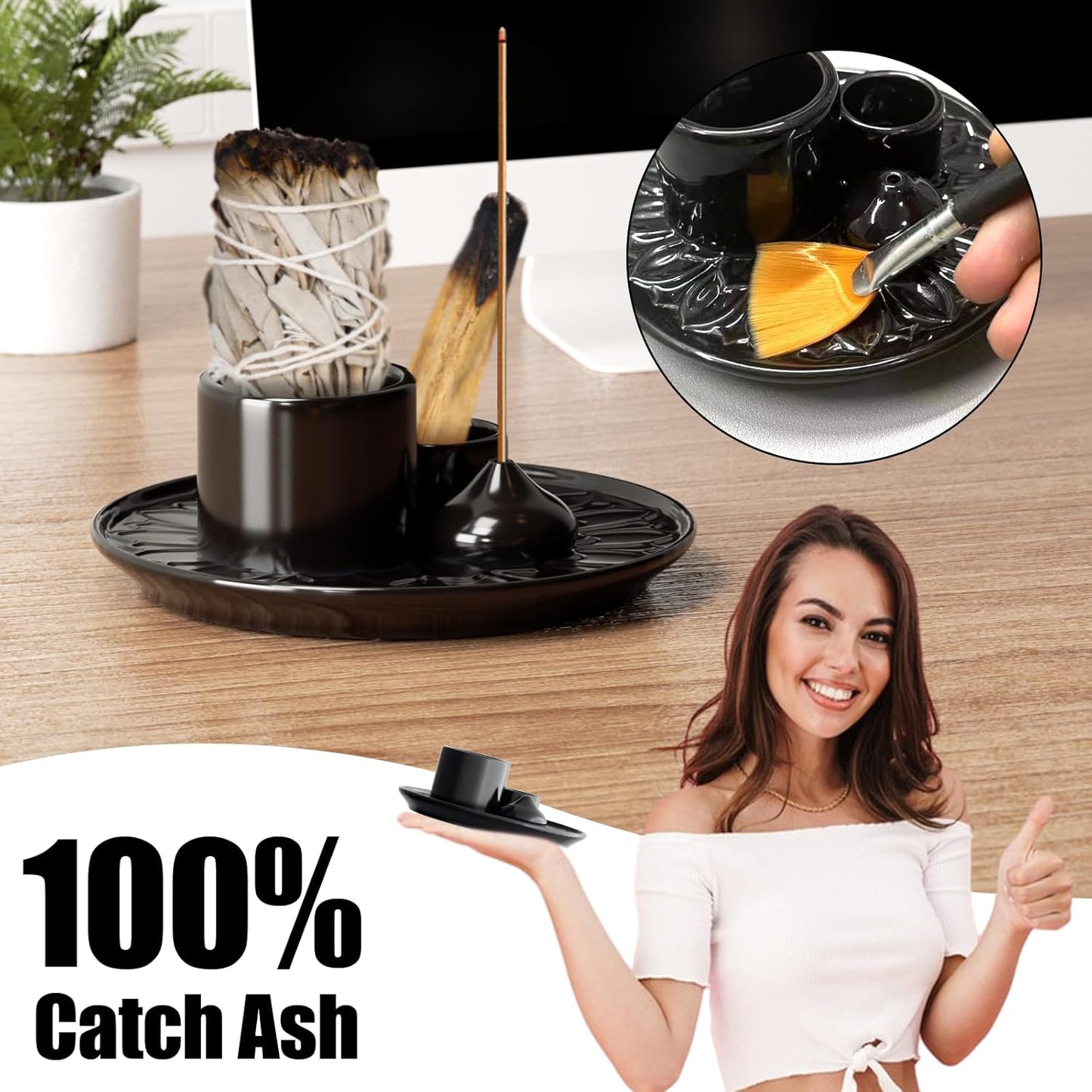 Palo Santo Holder - 4 in 1 Incense & Candle Holder - Ceramic Incense Holder Ash Catcher Tray for Meditation Room - Easy to Clean