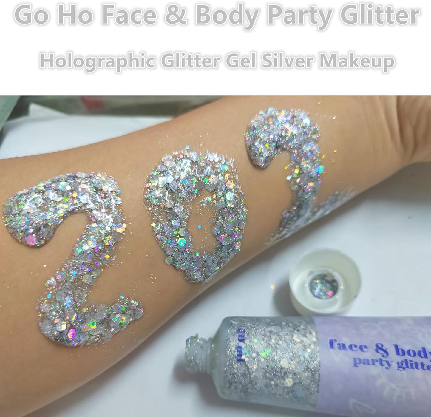 Go Ho Silver and White Body Glitter Set,Singer Concerts Face Glitter Gel Makeup,Holographic Long Lasting Chunky Sequins Glitters for Eye Lip Hair Nails,Festival Rave Accessories,Silver&White