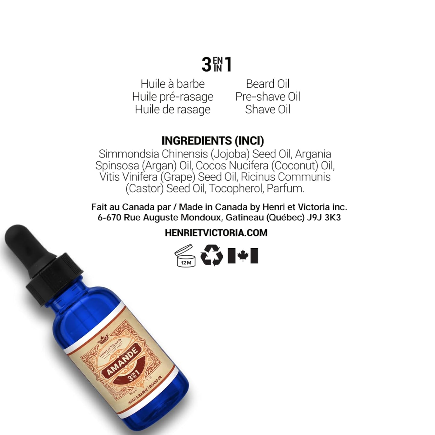 Beard Oil Amande Fragrance | Canadian Made by Skilled Artisan | Moisturizing, Non-Greasy, Natural Ingredients