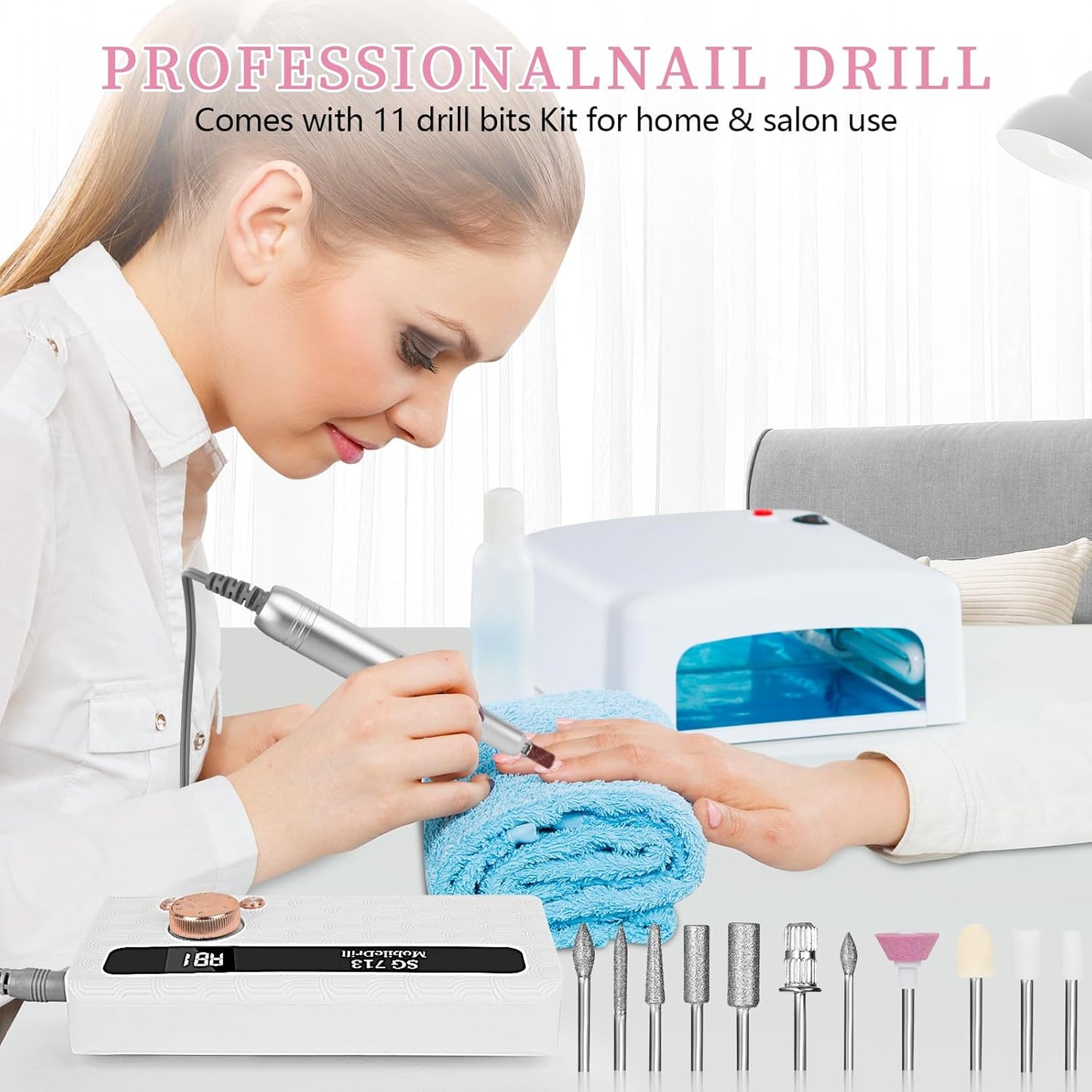 Electric Nail File Professional Kit - 45000RPM Portable Nail Drill Electric File with 11 Bits & Base丨LED Screen丨Ultra-Silent, Rechargeable Nail Drills Machine for Acrylic Nails Gel Polishing (White)