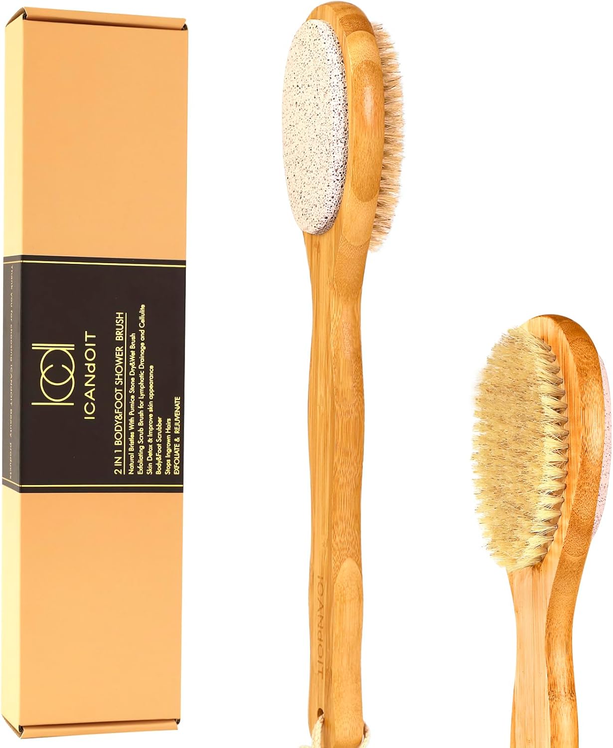 ICANdOIT 2 in 1 Long Handle Bath&Shower Brush,Bath Scrubber,Boar Bristle with Pumice Stone Exfoliate & Soften Skin,Dry Brushing Body Brush for Cellulite&Lymphatic Drainage