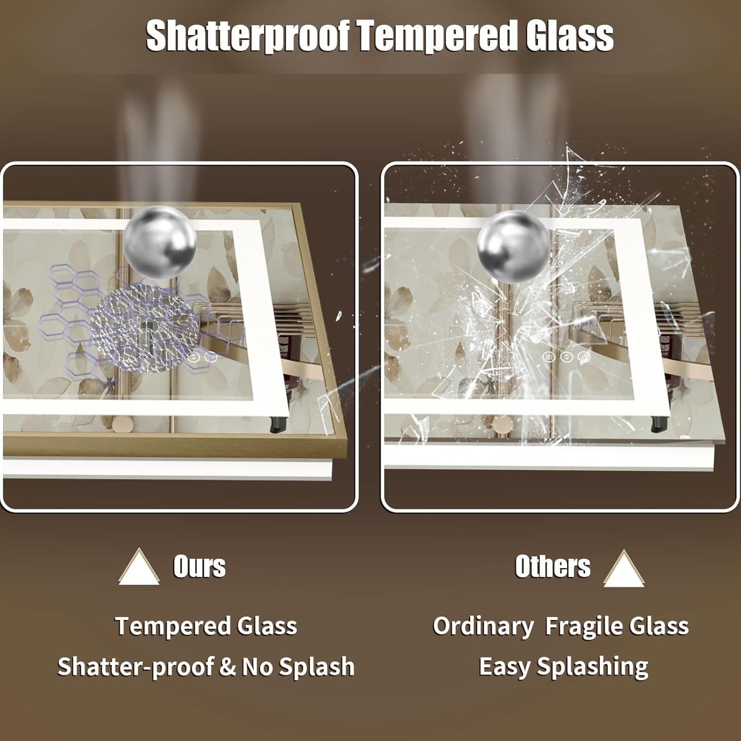 OKPAL 30x36 Gold LED Bathroom Mirror with Lights, Frontlit & Backlit Metal Framed Mirror, Lighted Bathroom Vanity Mirror, Anti-Fog, Dimmable 3 Colors, Shatterproof, Horizontal/Vertical